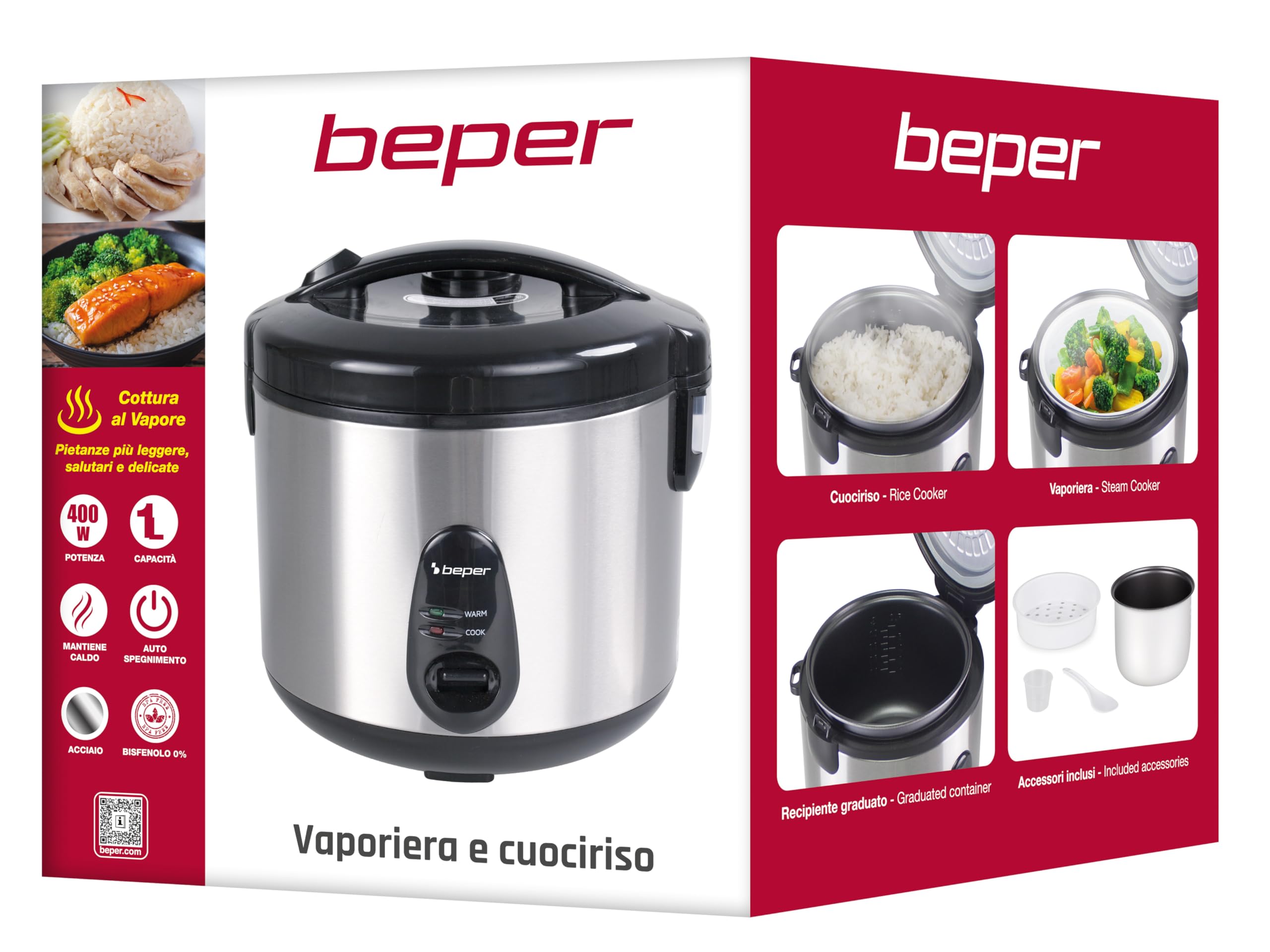 BEPER P101VAP002 Olla arrocera eléctrica con función de conservación del calor, capacidad de 625 g, revestimiento antiadherente, tapa con junta de silicona y bandeja para cocinar al vapor.