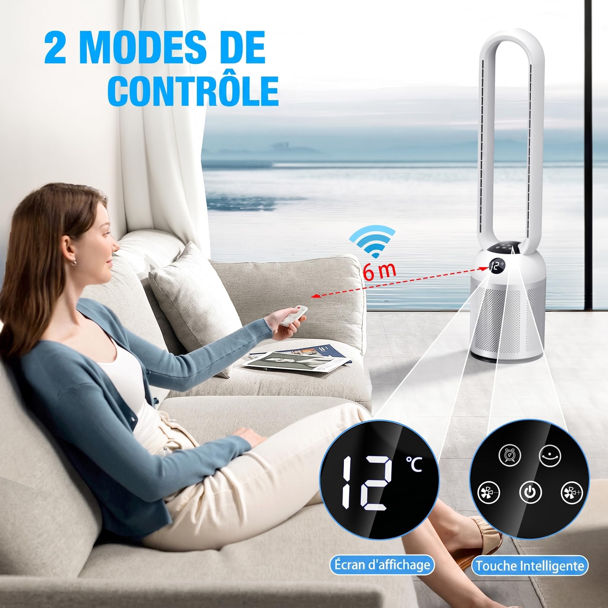 YAZEKY Ventilateur Colonne Sans Pale 101 cm, 24 Vitesses Ventilateur Tour Silencieux, Ventilateur de Sol Oscillant à 90, Écran LCD, Minuterie De 12H, Ventilateur Sur Pied Pour Chambre& Bureau (Argent)