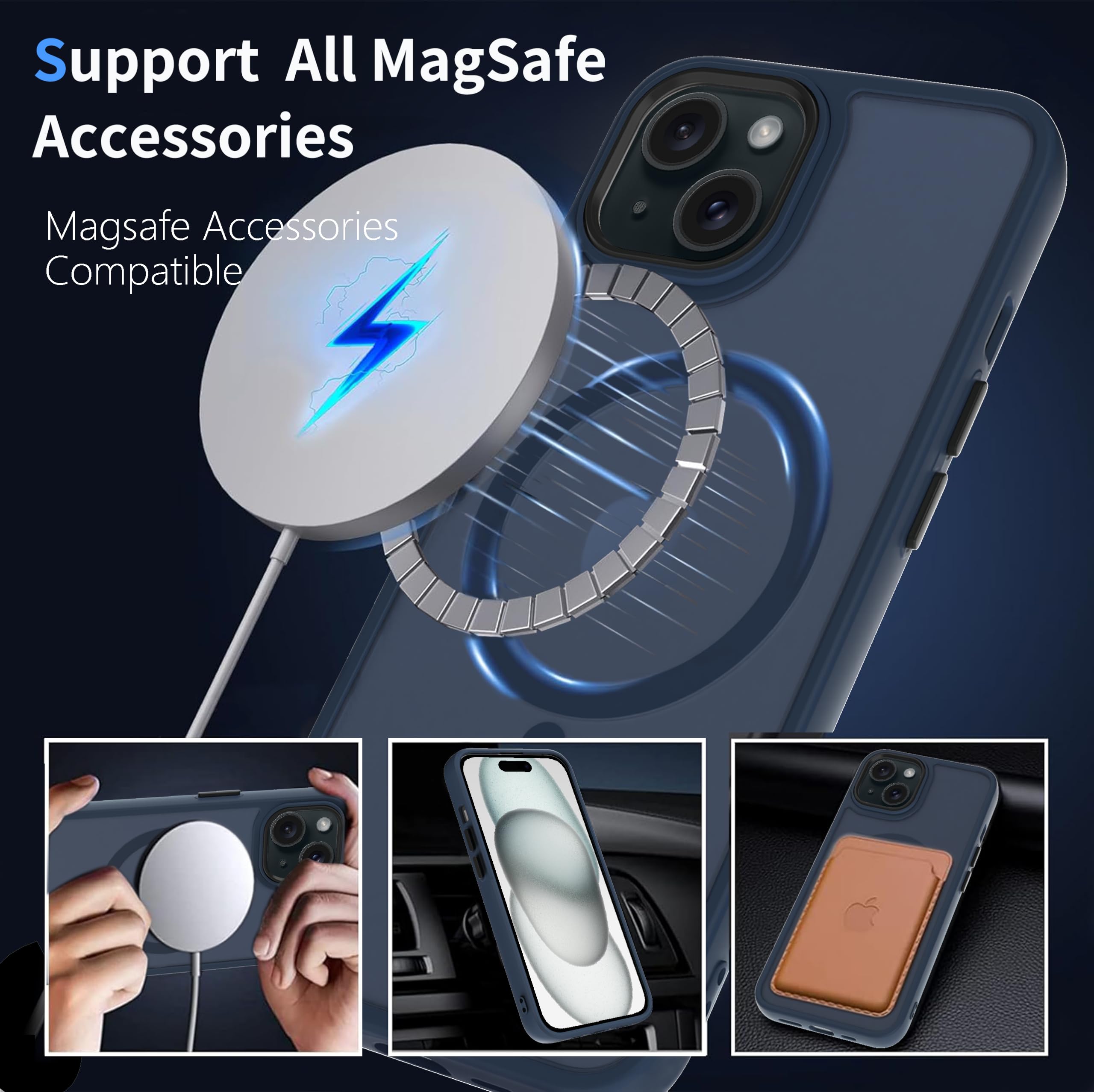 AOMYKE Cover Magnetica per iPhone 15, Custodia iPhone 15 Compatibile con MagSafe, Traslucida Opaca Posteriore Sottile PC+TPU Bumper Antiurto Case - Blu
