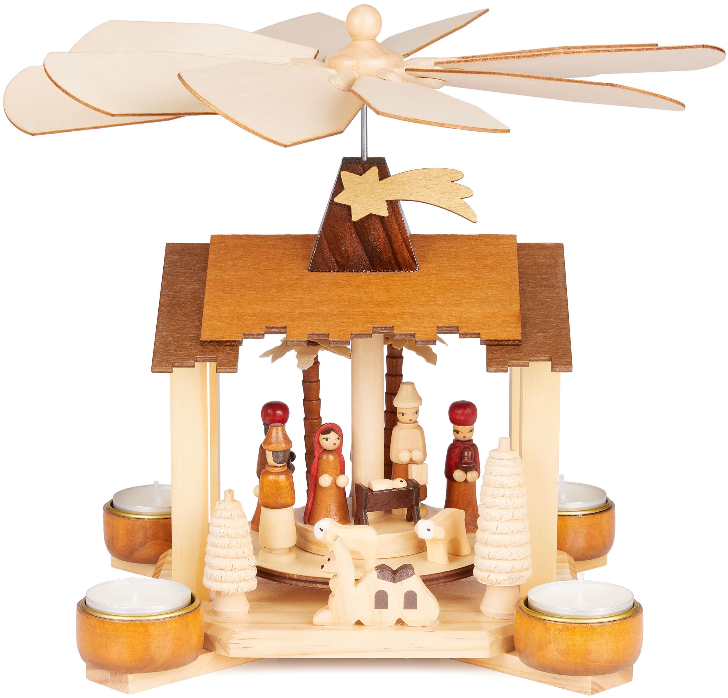 BRUBAKER Pirámide Navideña de Madera - 28 cm Estructura Artesanal con Jesús, María, José y la Estrella de Belén - Belén con 4 Luces para Las Fiestas - Pintado a Mano
