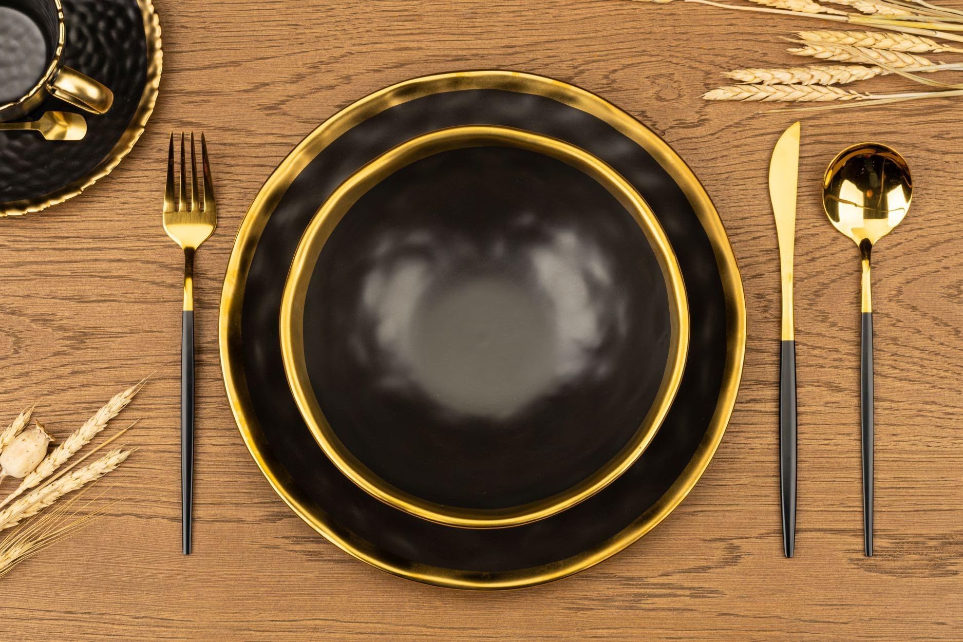 Keramik Geschirr Set 8 Personen | Schwarze Teller 27 cm Ø und Schüssel 20 cm Ø | Modern Geschirr & Serviergeschirr | 4x Essteller und 4x Tiefe Suppenteller
