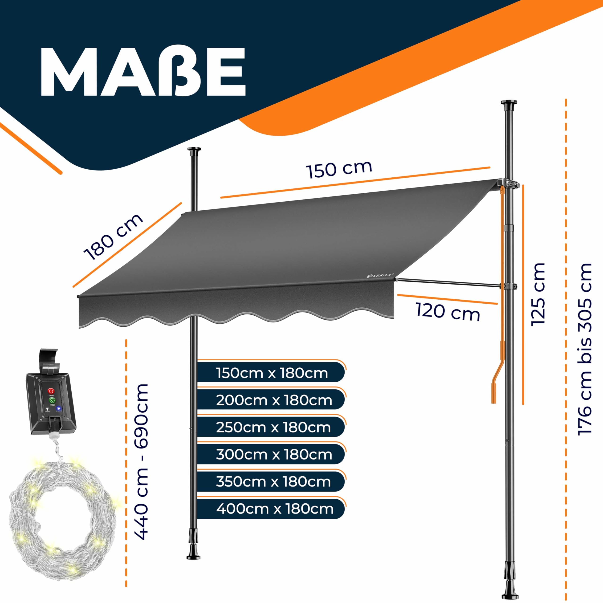KESSER® Klemmmarkise mit Handkurbel & LED Lichterkette | Balkonmarkise ohne Bohren | Markise UV-beständig höhenverstellbar & wasserabweisend | Sonnenschutz für Balkon Terrasse & Garten 250cm - 5