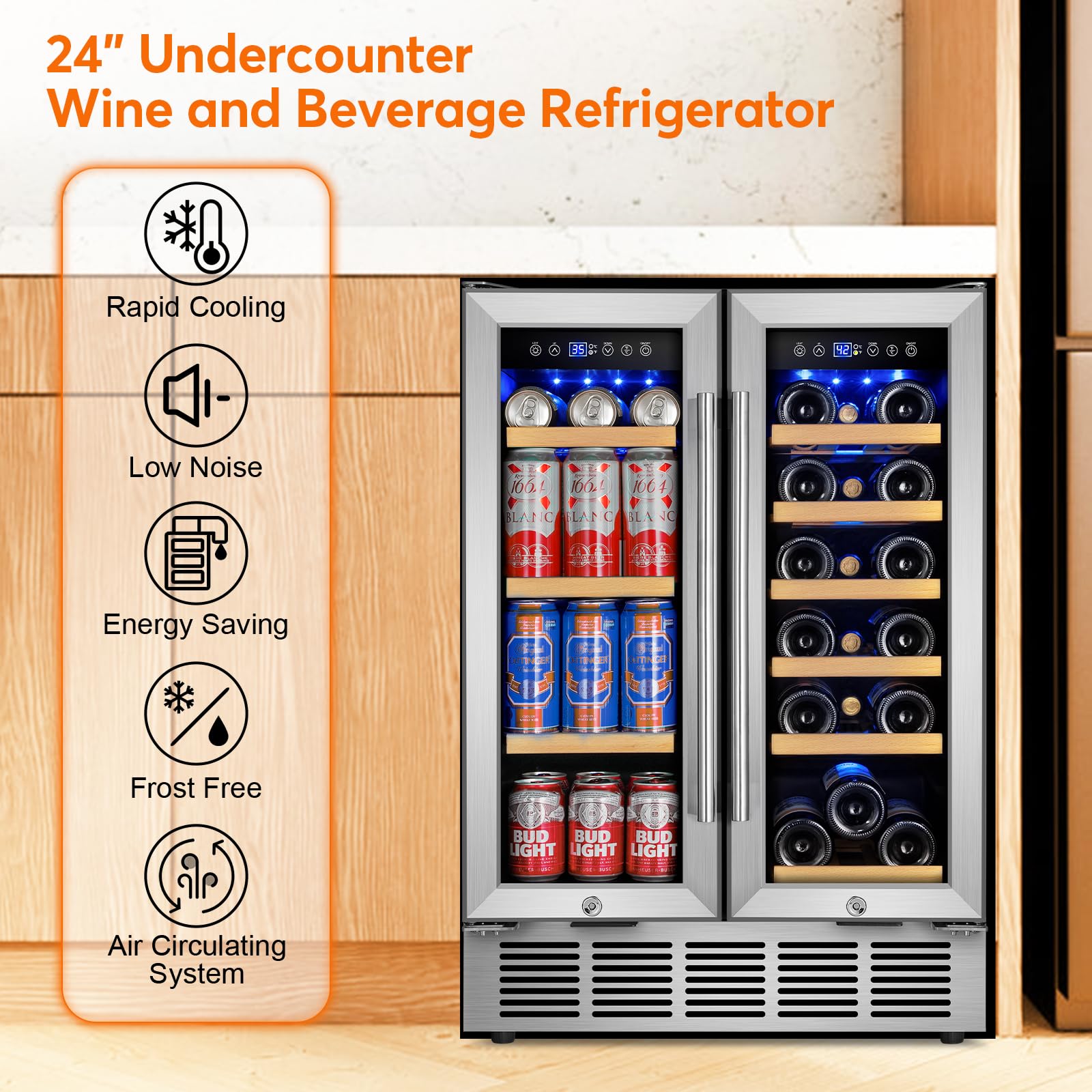 turephe Wine and Beverage Refrigerator with Glass Door, 24-Inch Dual Zone Wine Fridge Under Counter, 18 Bottle and 65 Can Large Capacity Led Blue Light Smart Fast Cooling Wine Cooler on Fridge.com