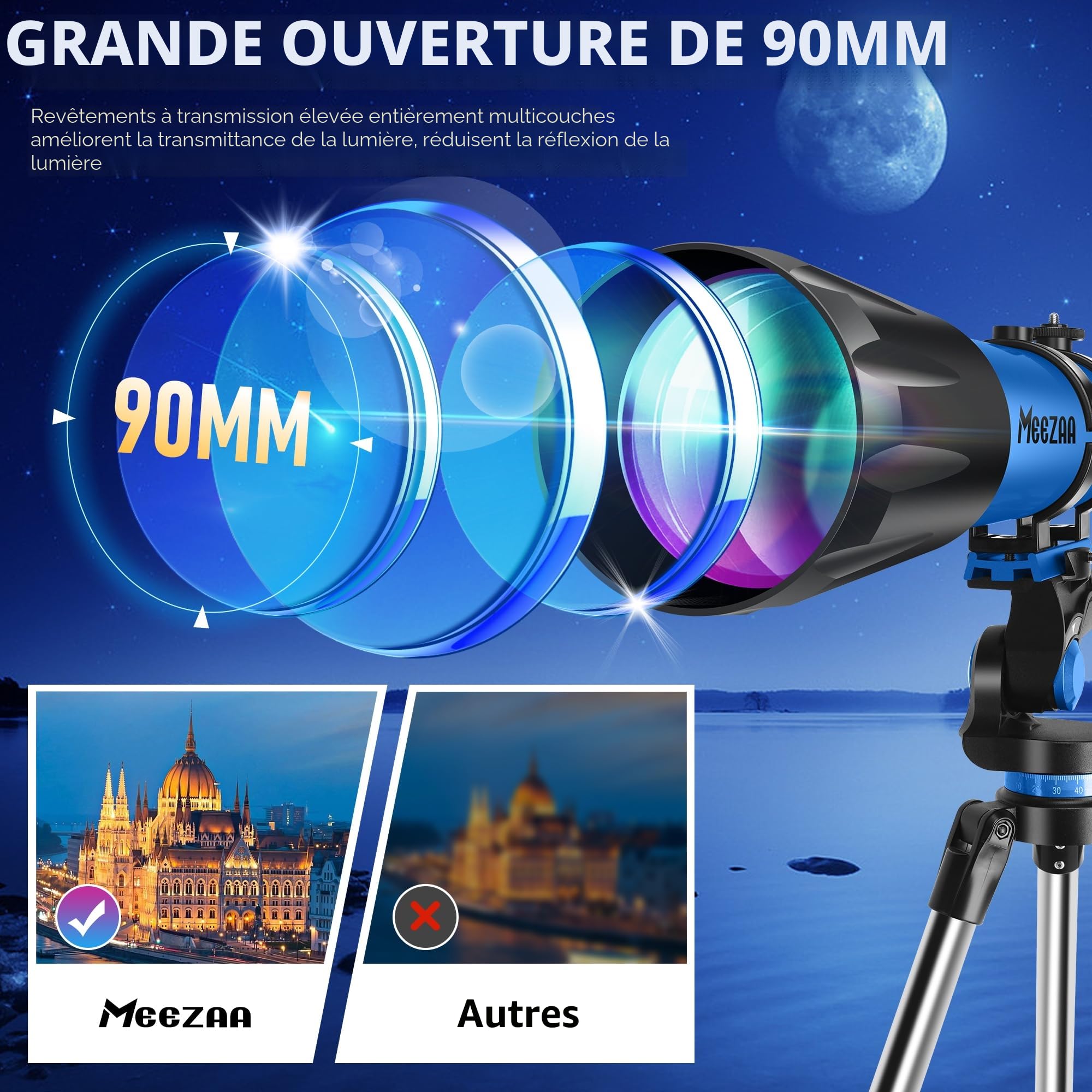MEEZAA Télescope, Télescope Astronomique Adultes Enfants et Débutants, 90 mm Ouverture 800 Professionnel Télescopes Réfracteur avec Trépied, Sac de Transport, Adaptateur de Téléphone et Filtre Lunaire