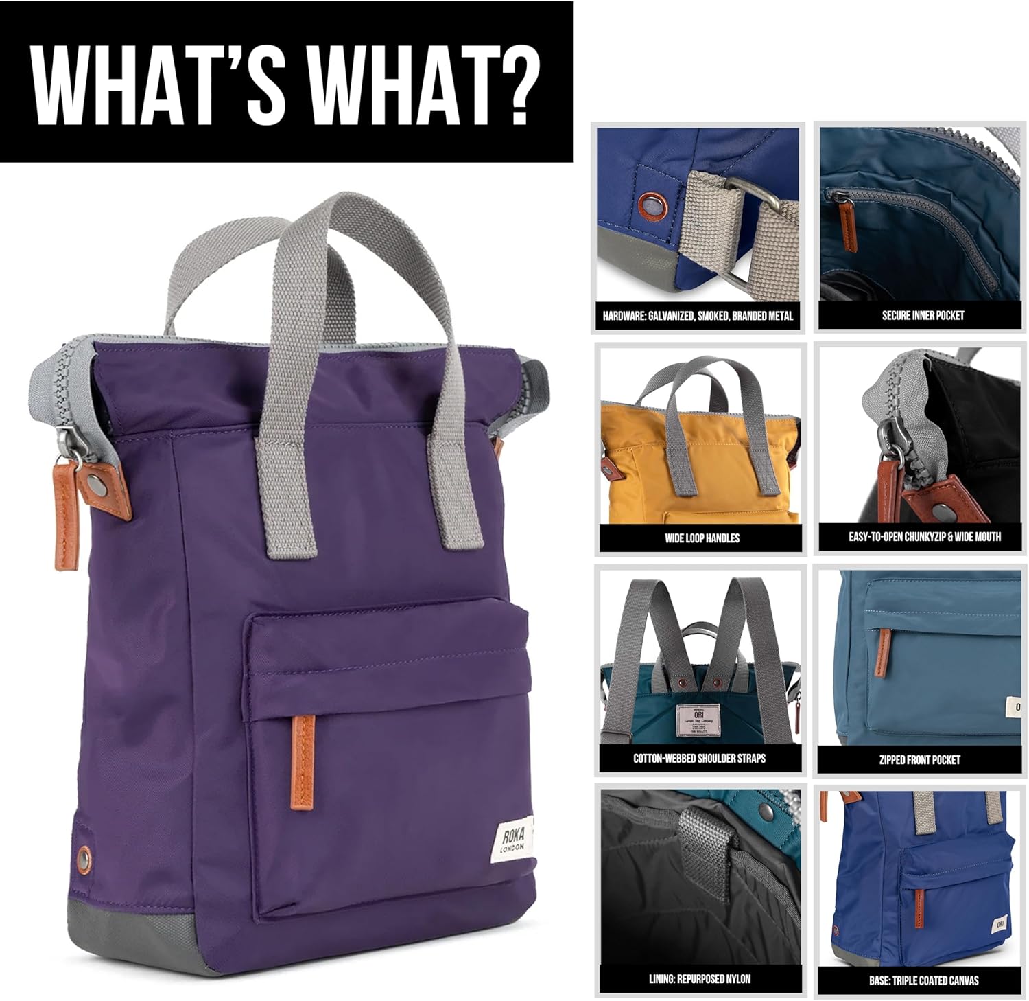 ORI LONDON Medium Tote Bag Backpack - Nylon Tote Backpack for Women & Men with Wide Mouth, Chunky Zippers, Multiple Pockets, Adjustable Straps - The Bantry, Peri Purple Backpack, 15.75x 11.81x 4.72 - Image 4