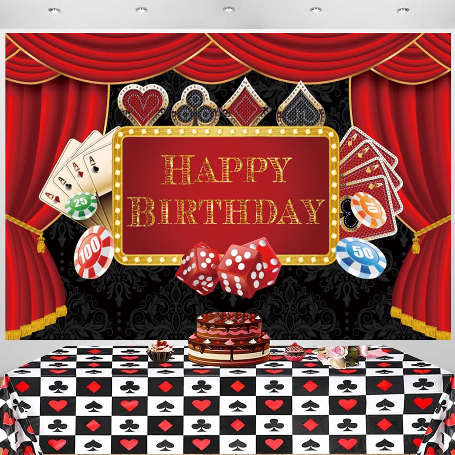 Casino Birthday Backdrop 7x5ft - Poker Las Vegas Party Background For Photo Booth, Cake Table