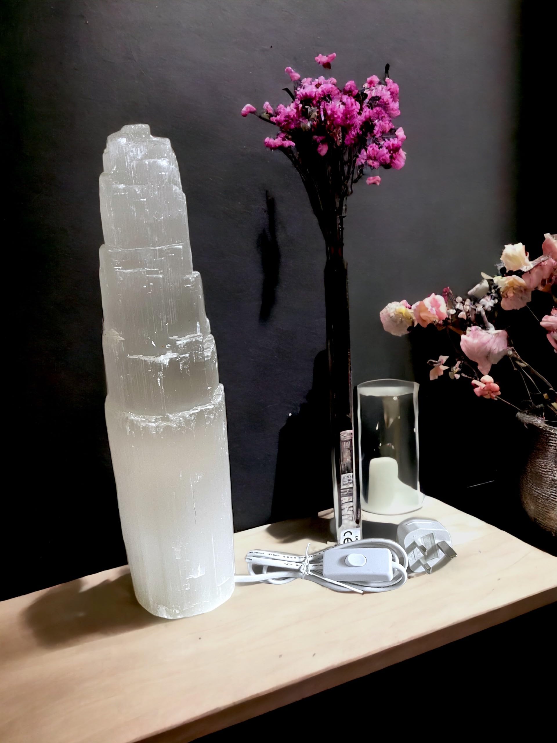 vingardium leviosa Pure Selenite Crystal Natural Light Mountain Tower Lamp Handmade Natural Energy Healing Clarity and Meditation Lamp Home Decoration TableLamp Mineral Christmas Occasion Gift (35cm) - Image 2