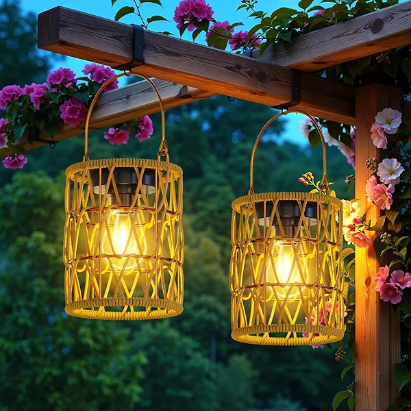 KOOPER Hanging Solar Lanterns Outdoor Waterproof, Natural Hand Woven Solar Rattan Lanterns for Outside Hanging with Handle, Bright & Metal Frame Decor Lantern for Garden Patio Yard Porch Trees, 2 Pack