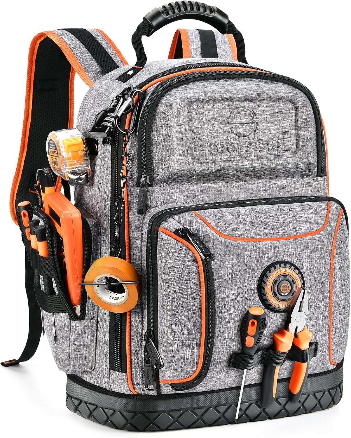 LOKASS Tool Bag Backpack, 75 Pockets & Loops Heavy Duty Tools Organizer Bags/HVAC Tool Carrier for Eelectrician/Construction Work with Molded Base and Combination Lock, Large, Grey