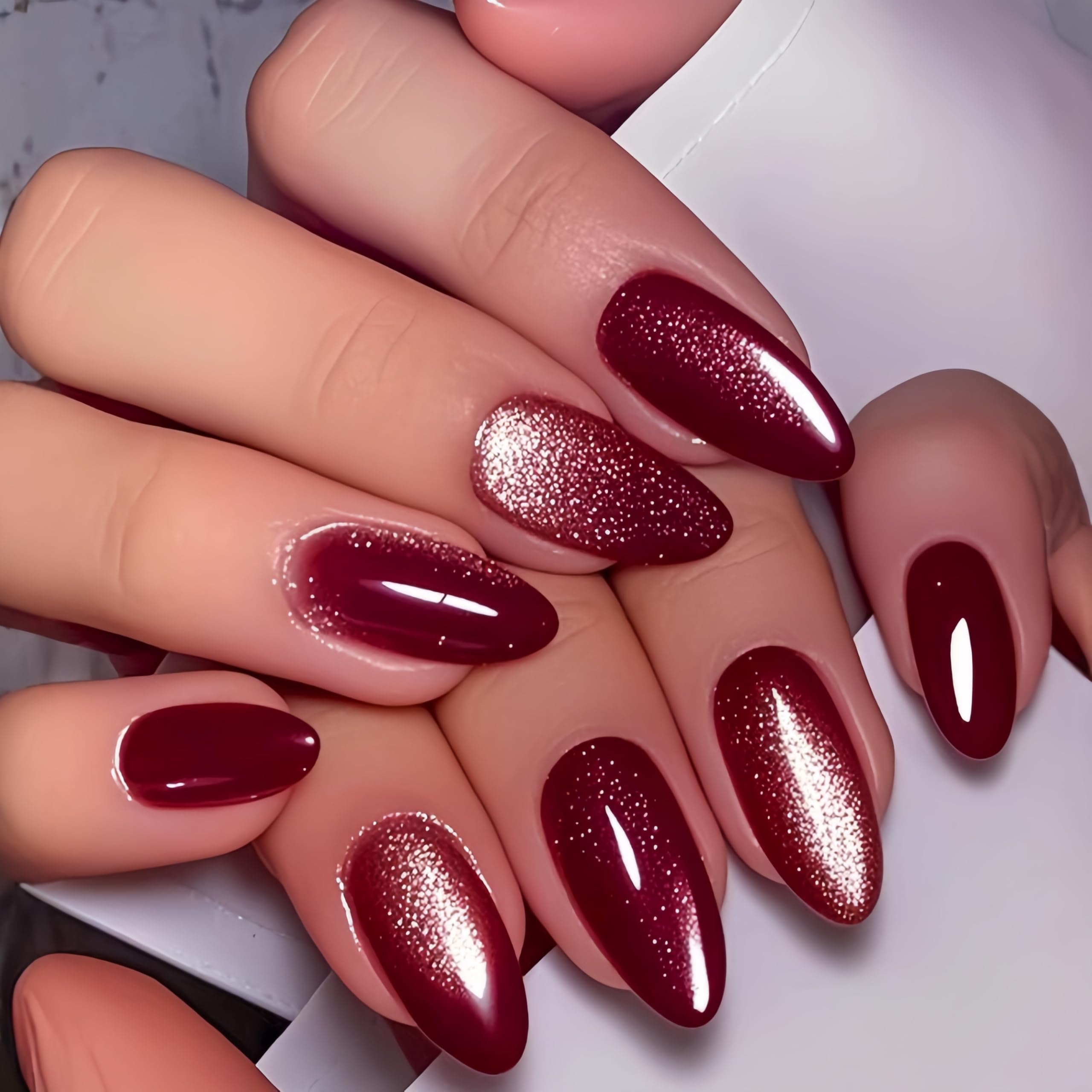 SXVME Wine Red Cat Eye Press on Nails Almond Shape, 30 Pcs Glitter Fake Nails Short Stiletto - Image 2
