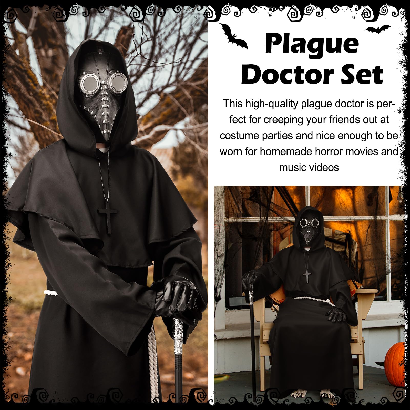 Hercicy 8 Pcs Plague Doctor Mask Costumes Set Balaclava Face Mask, Beak Ghost Mask, Monk Robe, Black Cane, White Rope, Hooded Cloak, Gloves and Cross Necklace for Halloween Cosplay
