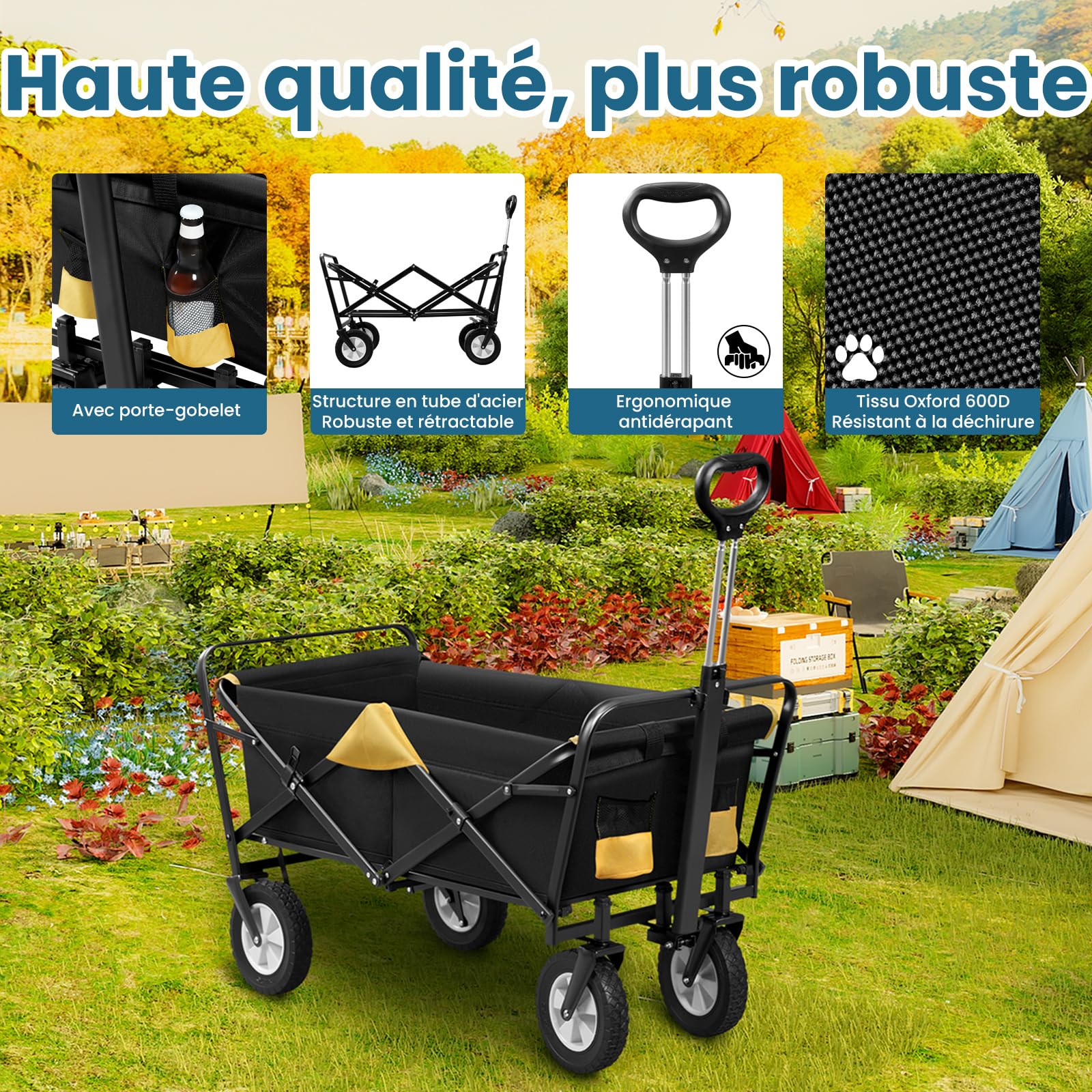 EUGAD 0010HC Chariot de Transport pour Jardin Max. 80kg Chariot Pliable à 4 Roues Tissu Oxford Anthracite+Jaune