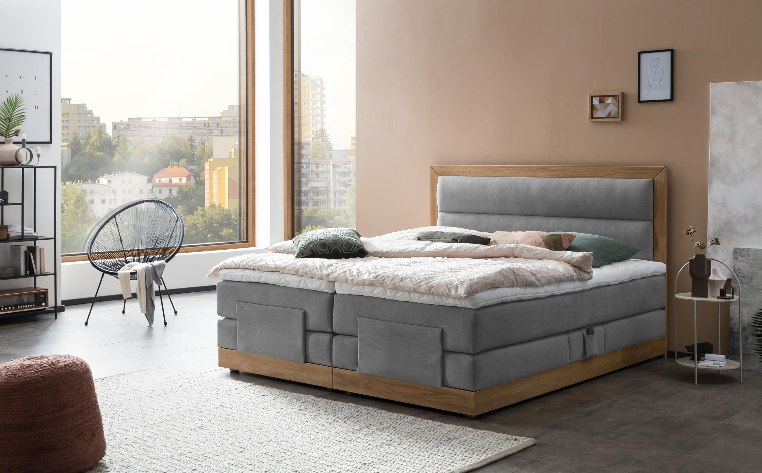 Belanoti MODELA Boxspringbett 160x200 elektrisch verstellbar 7-Zonen Taschenfederkern Matratze inkl Visco Topper Bett 160x200 mit Motor Farbe Hellgrau H2/H3 Polsterbett Motorbett Massivholz Eiche