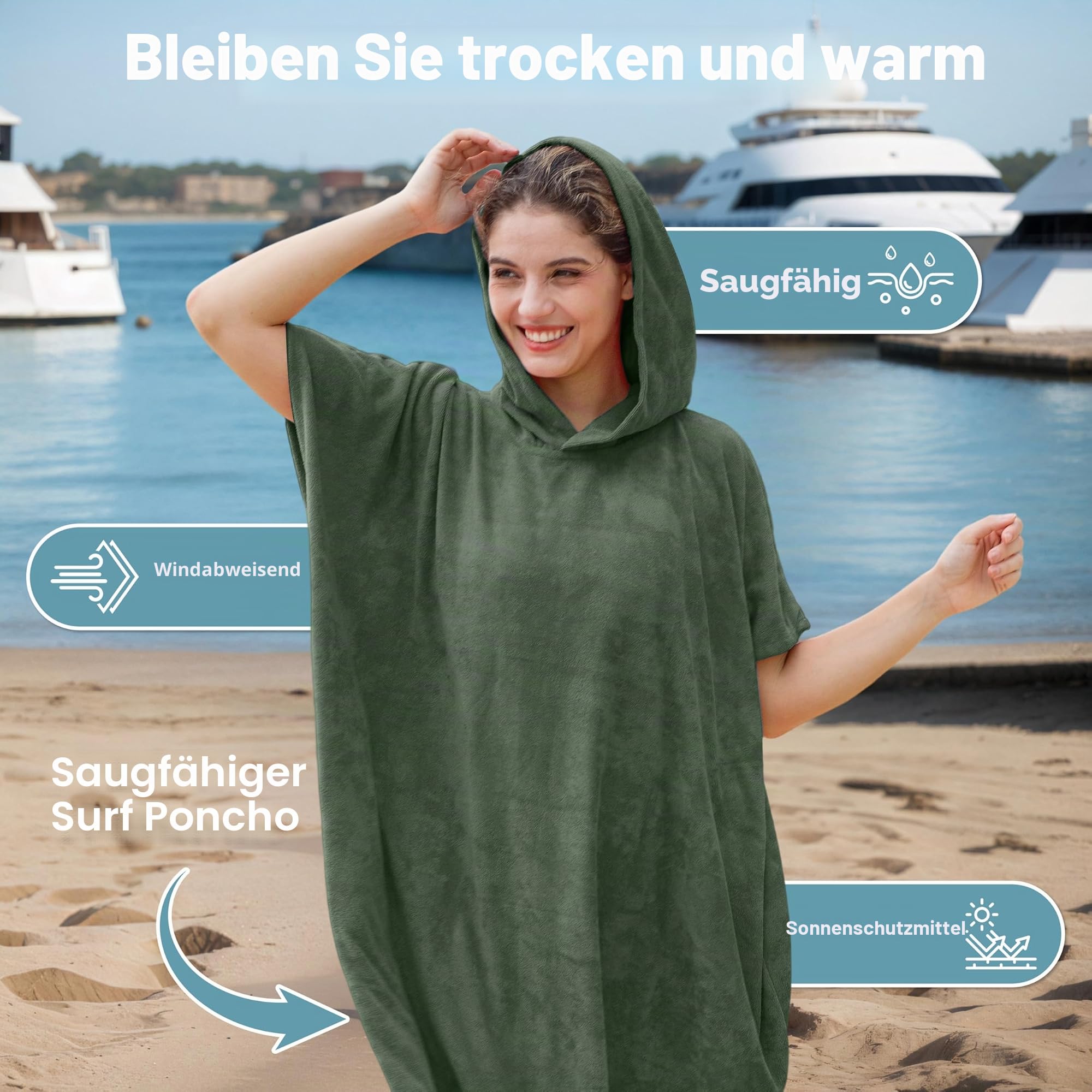 Kato Tirrinia Surf Poncho Umziehhilfe Strand für Damen Herren, Badeponcho mit Kapuze Absorbierender Winddichtes, Handtuch Poncho als Umziehhilfe für Surfer Schwimmen Camping Sauna Baden, Armeegrün