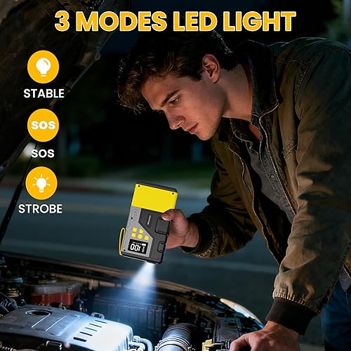 Miniatura 6 de Arrancador portátil de coche con compresor de aire para emergencias, pico de 3000 A y 150 PSI máximo, para motores de gasolina de 12 L y 10 L,