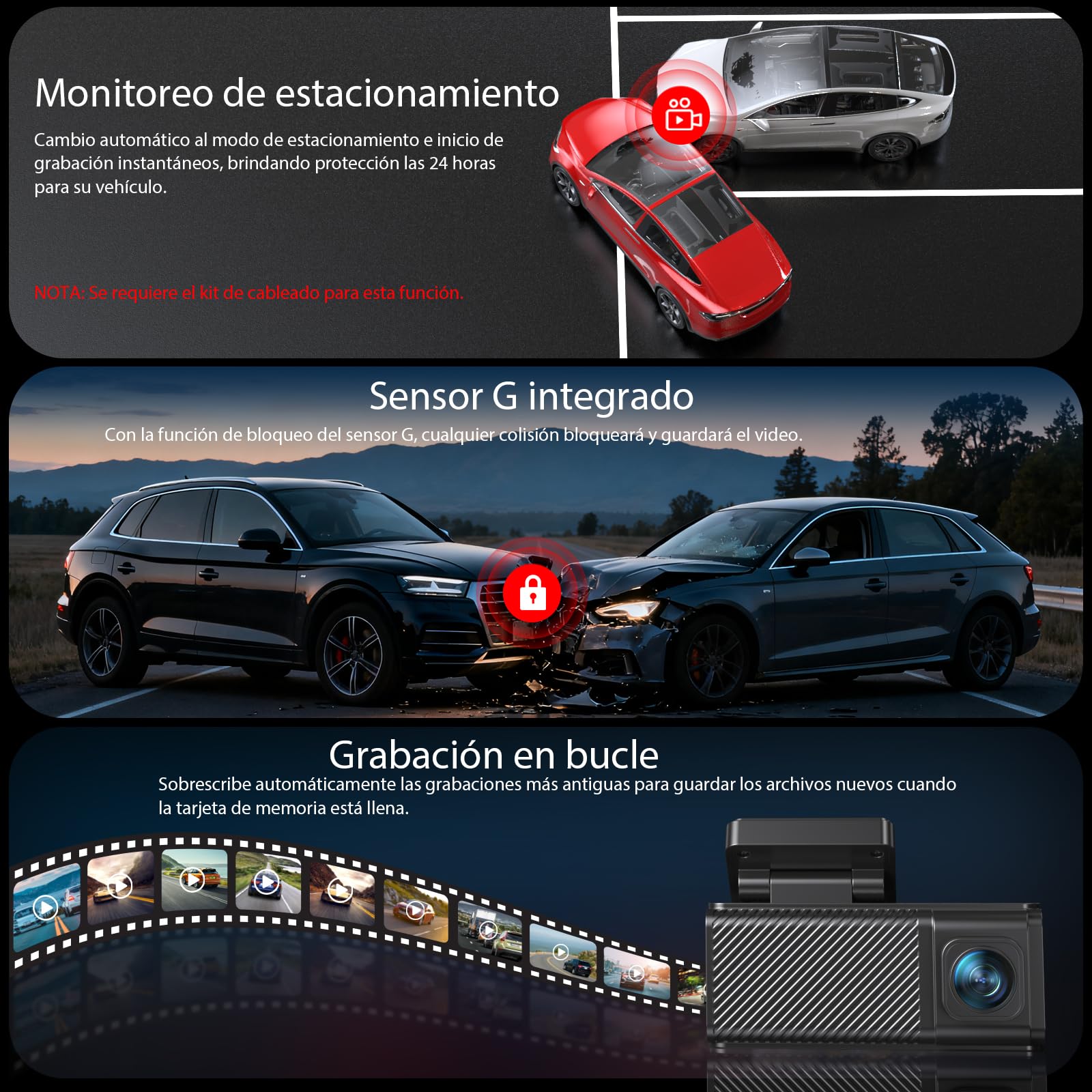 4K+2.5K Dual Trasera Delantera Cámara Salpicadero, GPS 5.8 GHz WiFi Integrado, Tarjeta 64 GB Incluida, Pantalla IPS 3.16 Pulgadas, Control App, Grabación Doble Canal