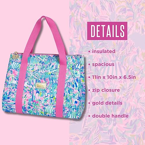 Miniatura 5 de Lilly Pulitzer Bonita bolsa de almuerzo para mujer, bolsa de mano aislada de gran capacidad, mini hielera azul con bolsillo de almacenamiento y