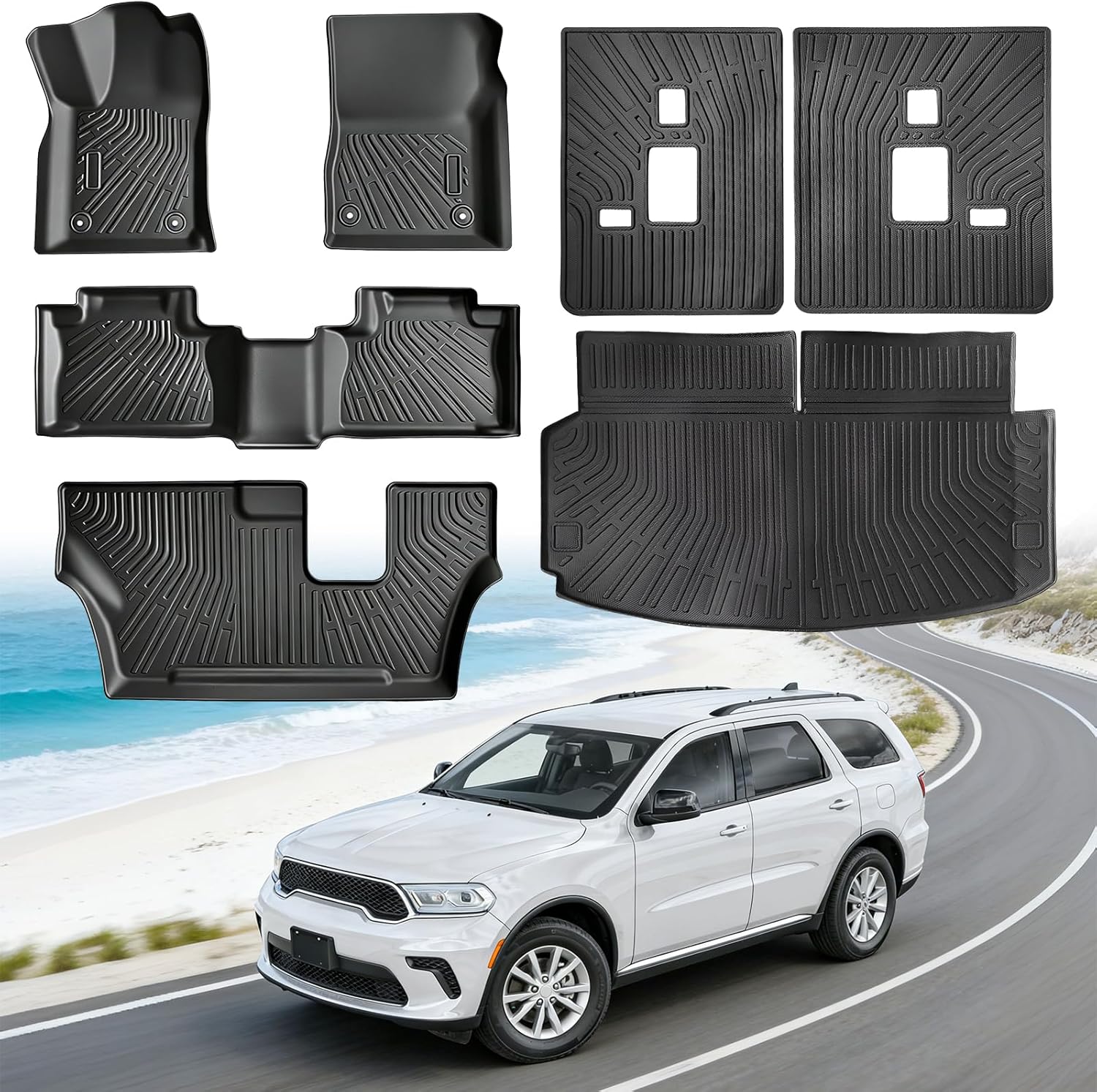 Floor Mats for Dodge Durango 7 Passenger 2016-2026 (Not for 5 Seats), Custom Fit Heavy Duty TPE All Weather Protection, Waterproof Non-Slip Black (Three-Row Floor Mats & Cargo Liner & Seatback Mat)