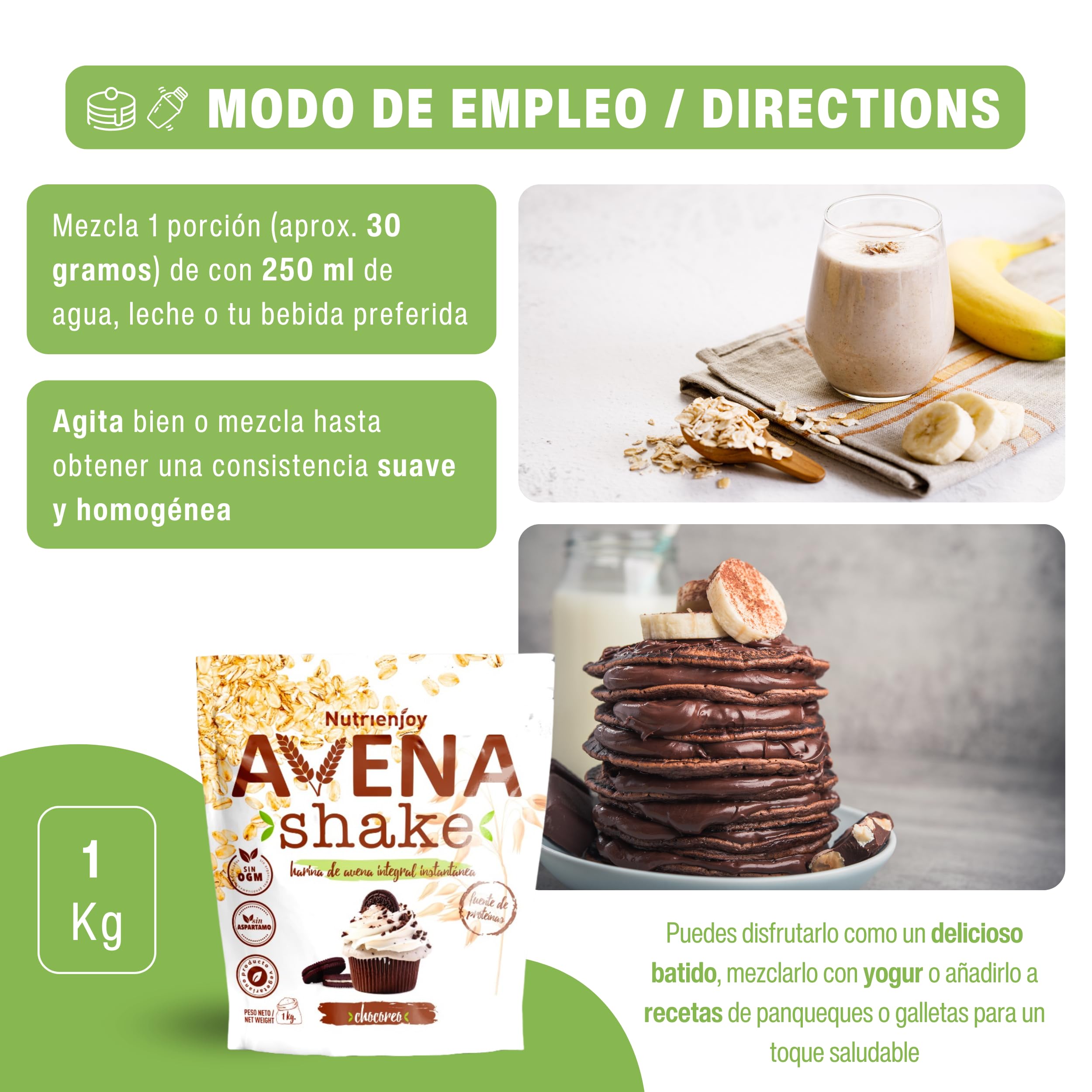 NutriEnjoy - Avena Shake 1Kg | Copos de Avena Integral Molidos | Harina de Avena Sabores | Avena en Polvo | Harina de Avena Integral | Avena Instantánea Sabores Deliciosos (Chocoreo) — view 3