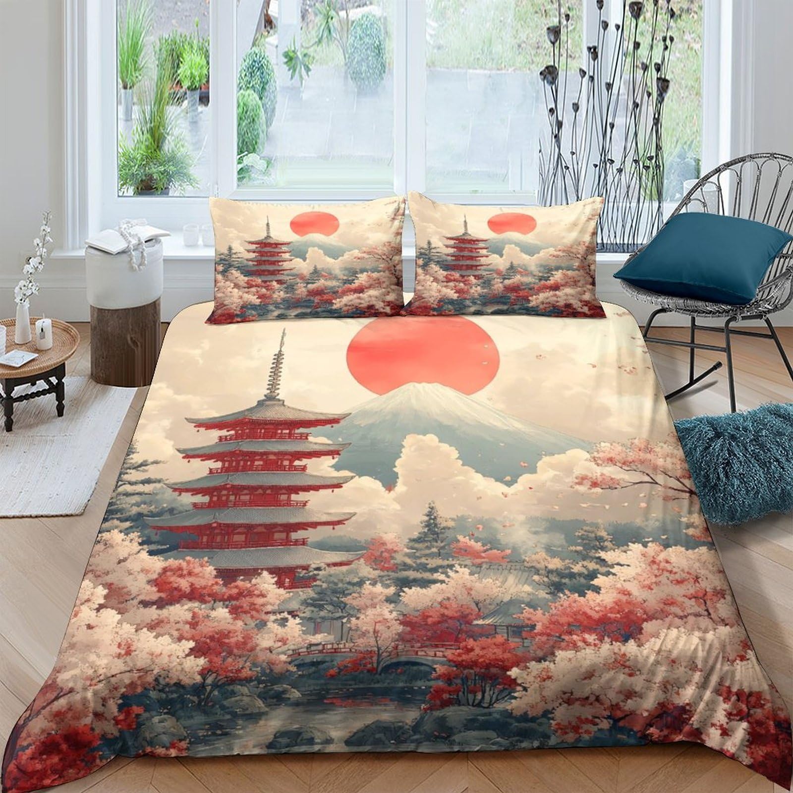 GPLZQXKJNH 3D Printed Japanese Pagoda Sunset Duvet Cover Microfiber Soft Breathable Mountain Bedding Set with 2 Pillowcases for Bedroom Decor Single（135x200cm）
