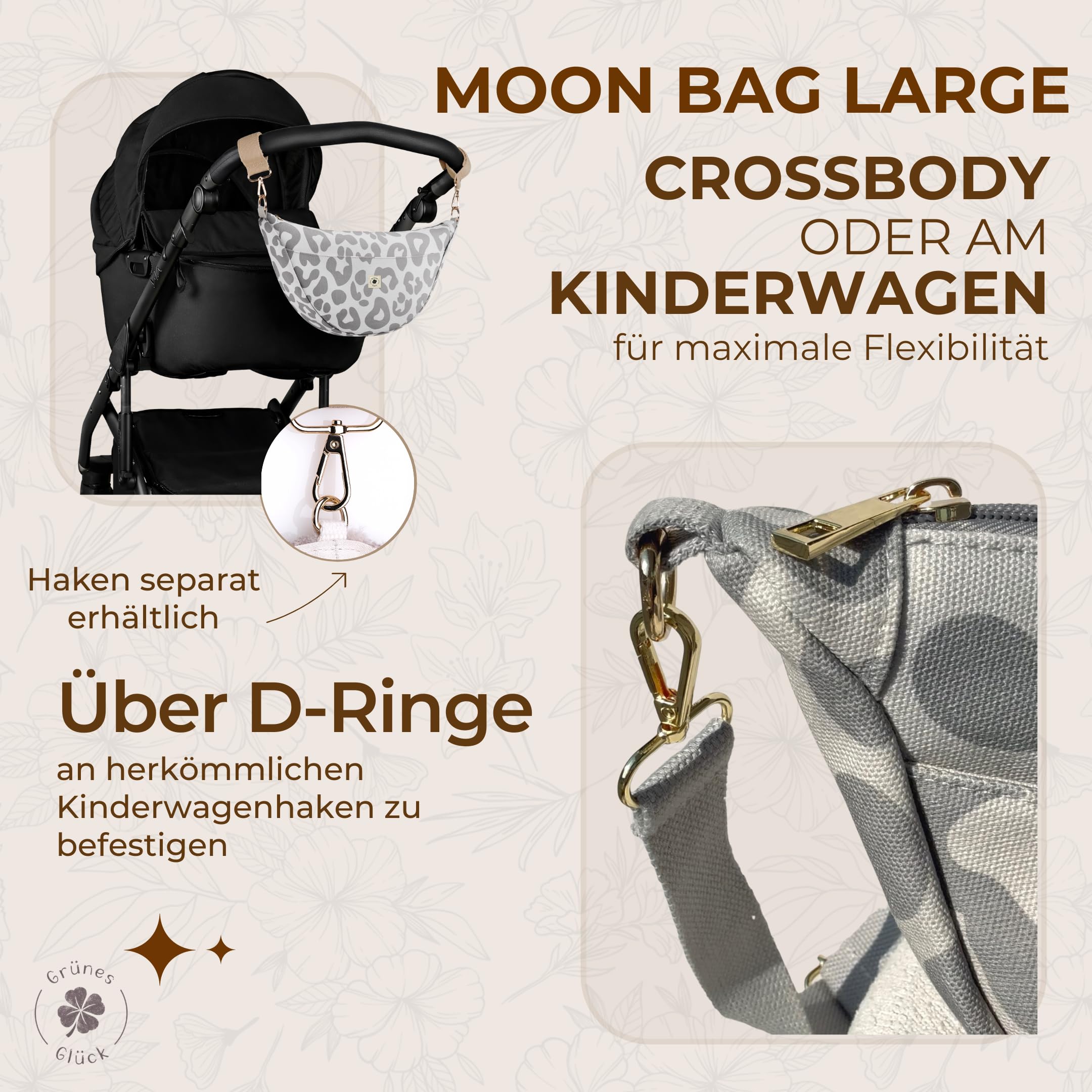 Canvas Moon Bag LARGE, Crossbody Bag, Kinderwagen Organizer | Umhängetasche mit Innen- & Außentasche, verstellbarem Gurt – als Moonbag oder Kinderwagen Organizer geeignet.