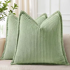decorUhome Corduroy Sage Green Throw Pillow Covers 16x16 Set of 2 Decorative Soft Boho Striped Neutral Euro Farmhouse Couch Pillow Cases with Broadside for Living Room Bed Sofa