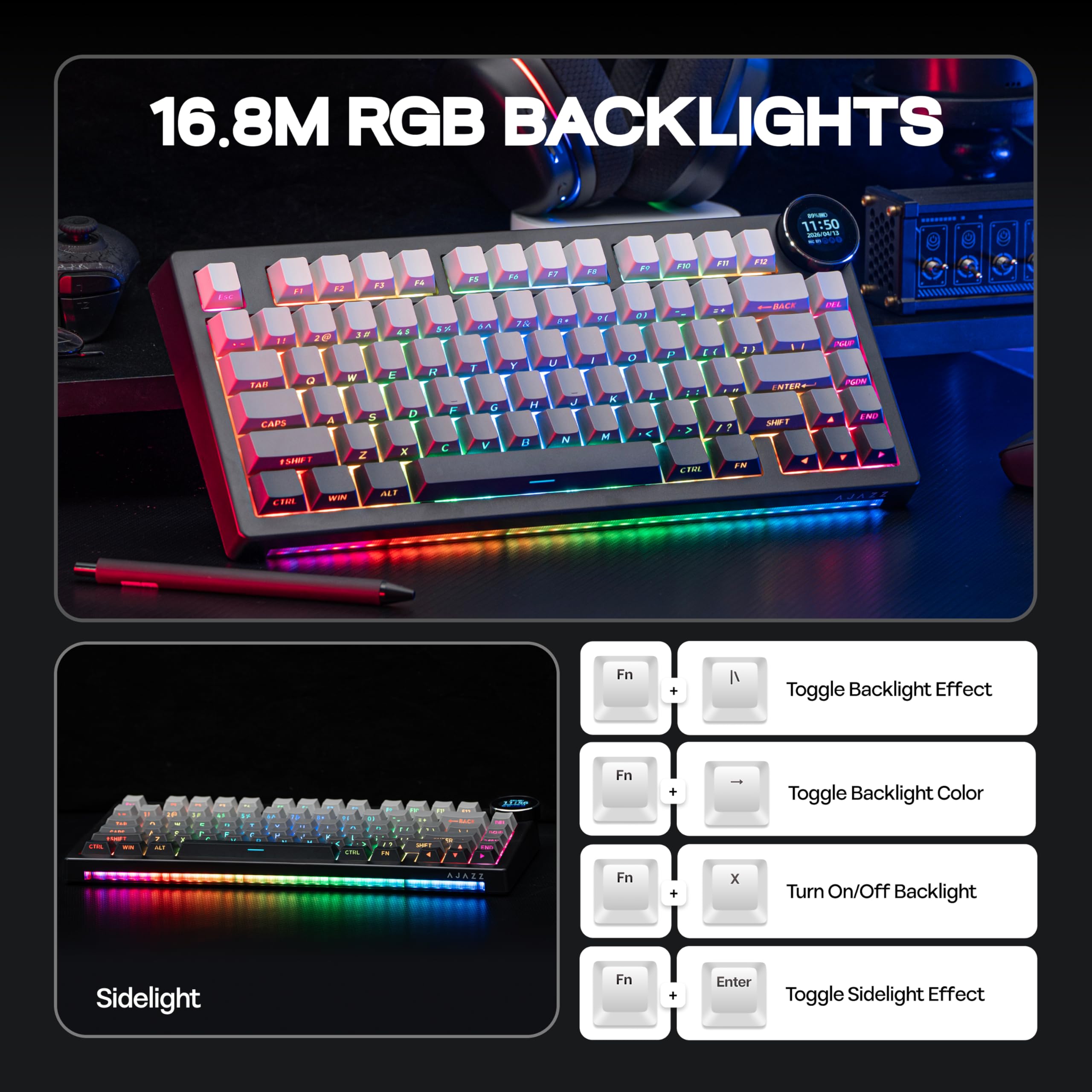 MechLands AK820V2 75% Teclado gaming inalámbrico con pantalla TFT de 0,9 pulgadas y control giratorio, teclado mecánico cremoso Gasket, batería de 10000 mAh, intercambiable en caliente, RGB para Win