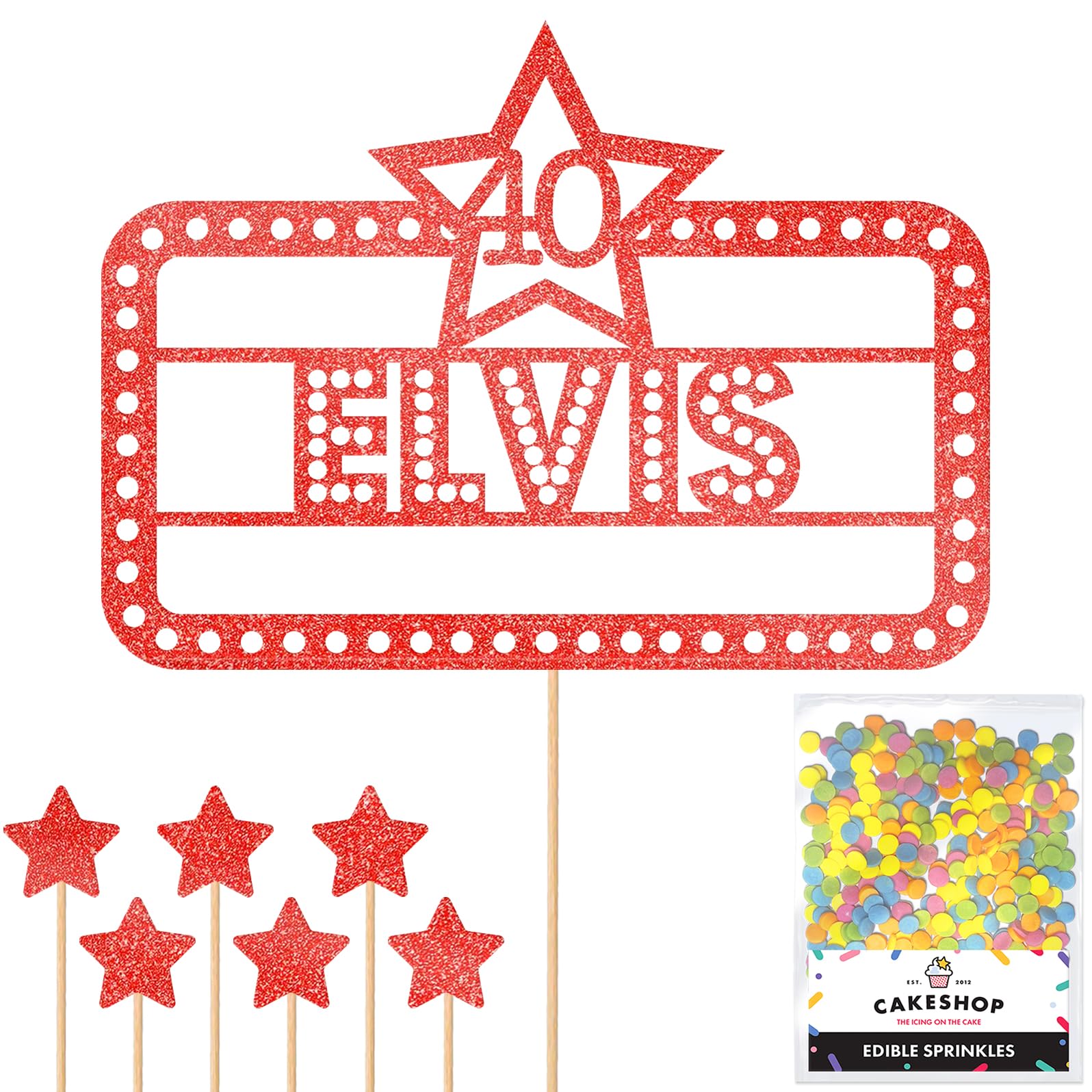 Personalised Happy Birthday Glitter Cake Topper - Red Any Name & Age in Lights Glitter Cake Decoration and Sprinkles - Happy Birthday Decorations - Personalised Toppers for Cakes by Cakeshop