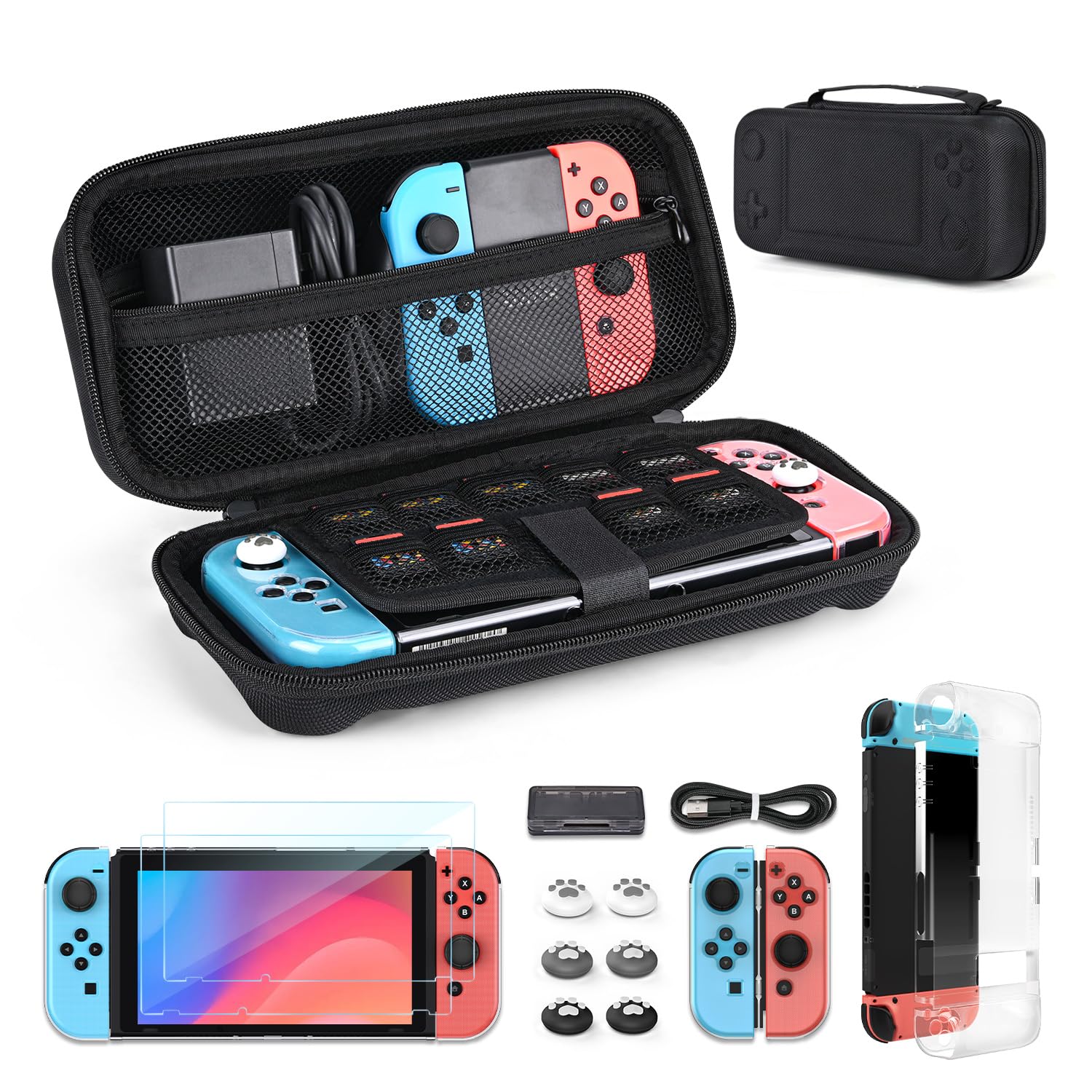 Younik Switch Case for Switch 2017, 14 in 1 Accesseries Kit with Switch Carrying Case, Screeen Protector, Protective Covers, Thumb Grips Caps, Game Card Case and Type C cable (Black, Button Pattern) Black (Button Pattern) L