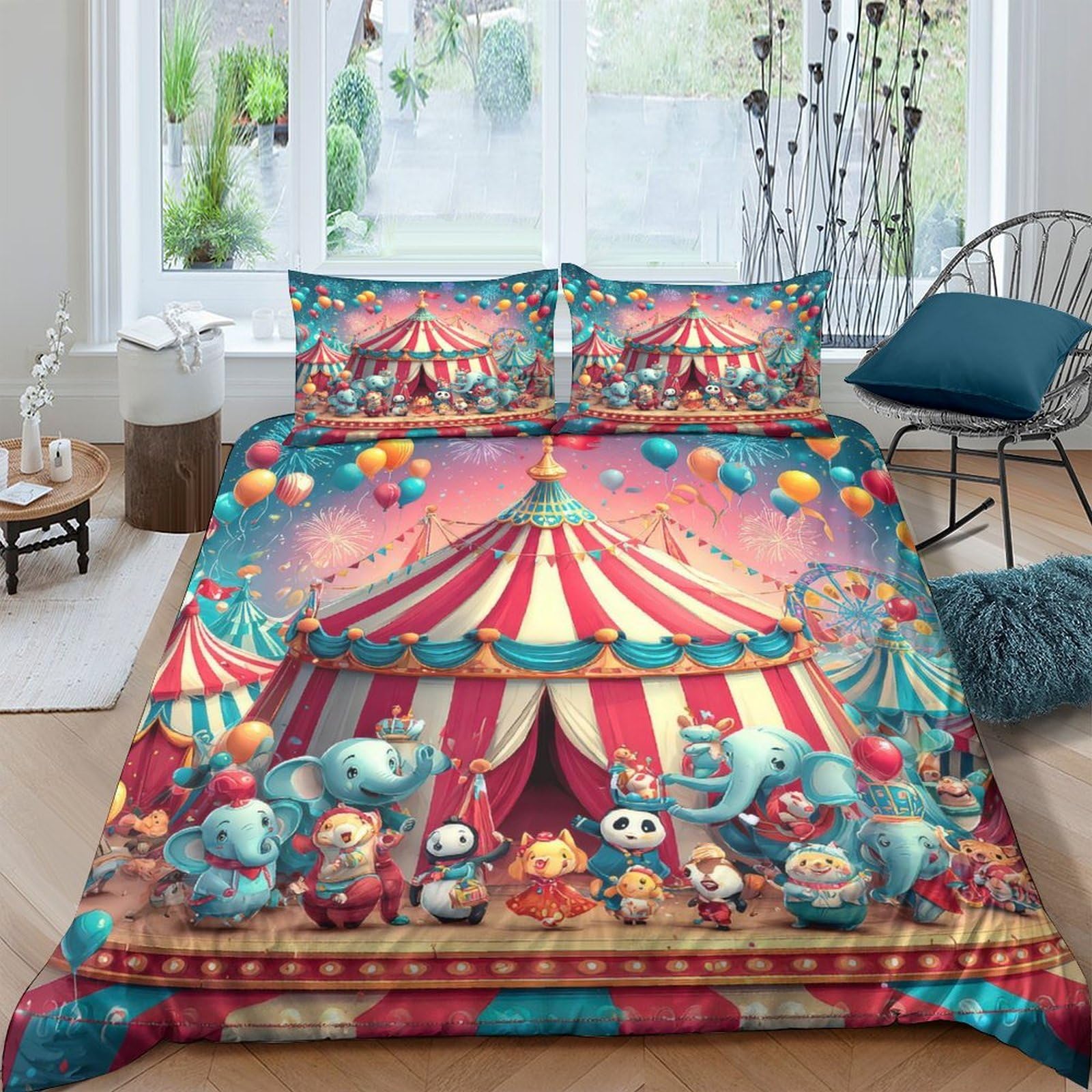 3D Soft Microfiber Circus celebration Comforter Cover All Season Bedding Sets with Matching Pillowcase Cartoon festive scene Quilt Cover Easy Care Machine Washable for Kids Boys Girls King（220x240cm）