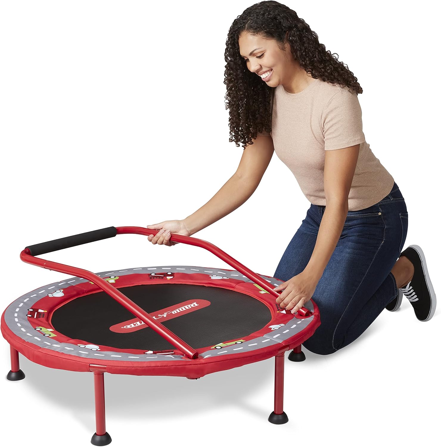 Red Round Kids' Trampoline with Handle and Play Mat