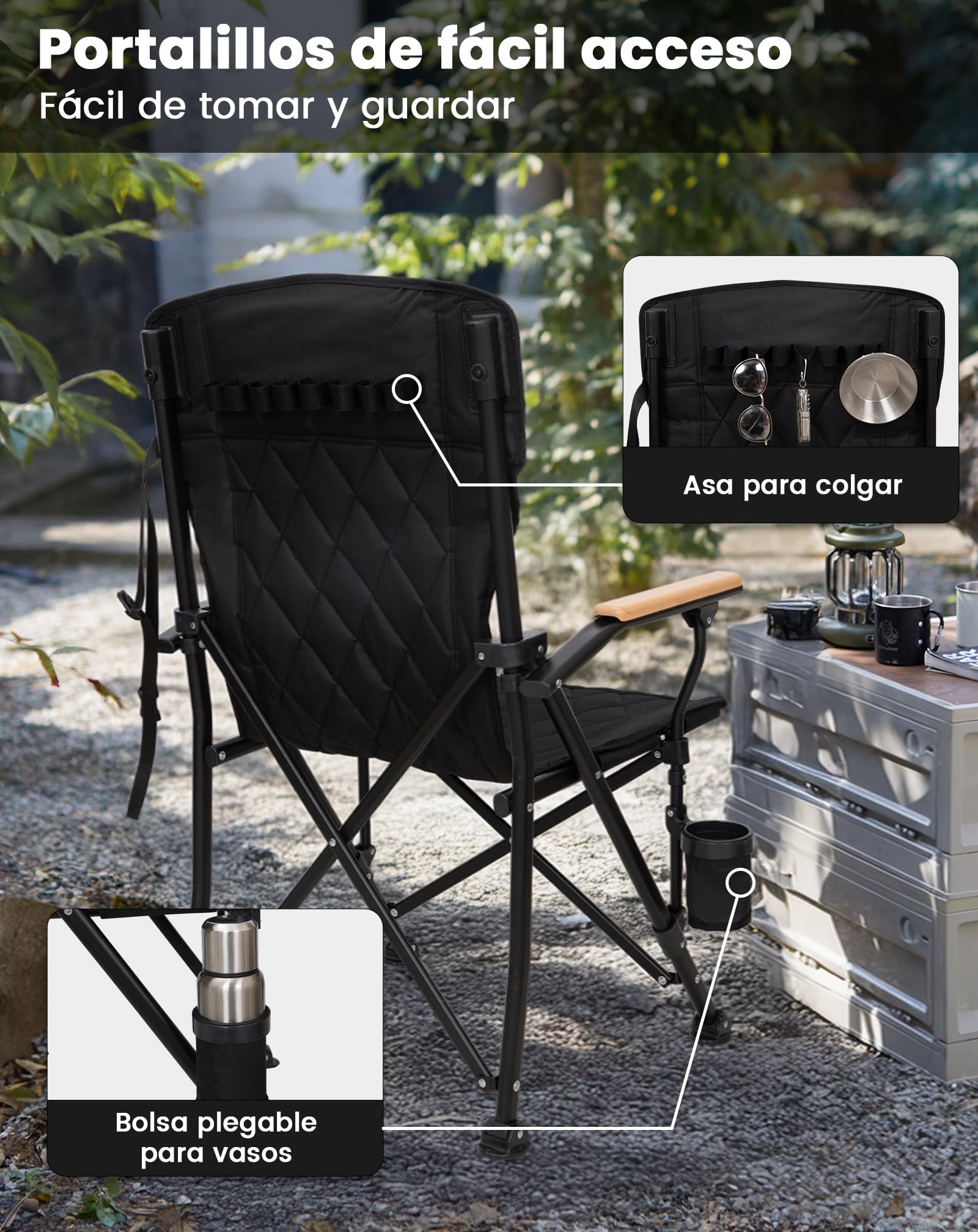 KingCamp Silla de Camping Plegable 136kg, Respaldo Alto, Acolchada | XXL Silla Plegable, con Brazos de Madera, Doble Acolchado, Portavasos, Bolsa de Transporte, para Camping, Jardín y Pesca.