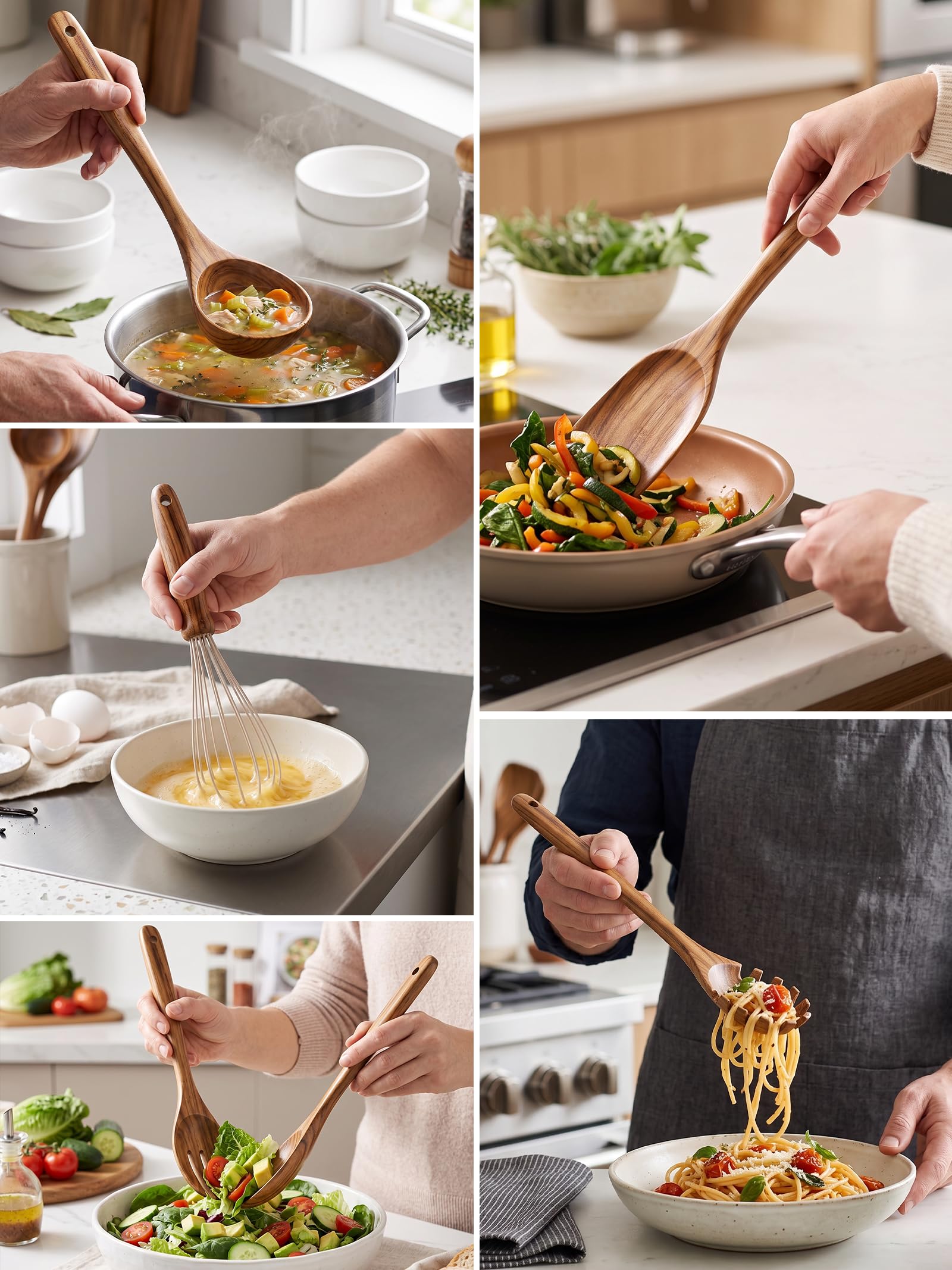 Kochutensilien aus Holz, 10 Stück, Küchenutensilien, Holzlöffel zum Kochen, Teakholz, Pfannenwender für antihaftbeschichtetes Kochgeschirr (10)