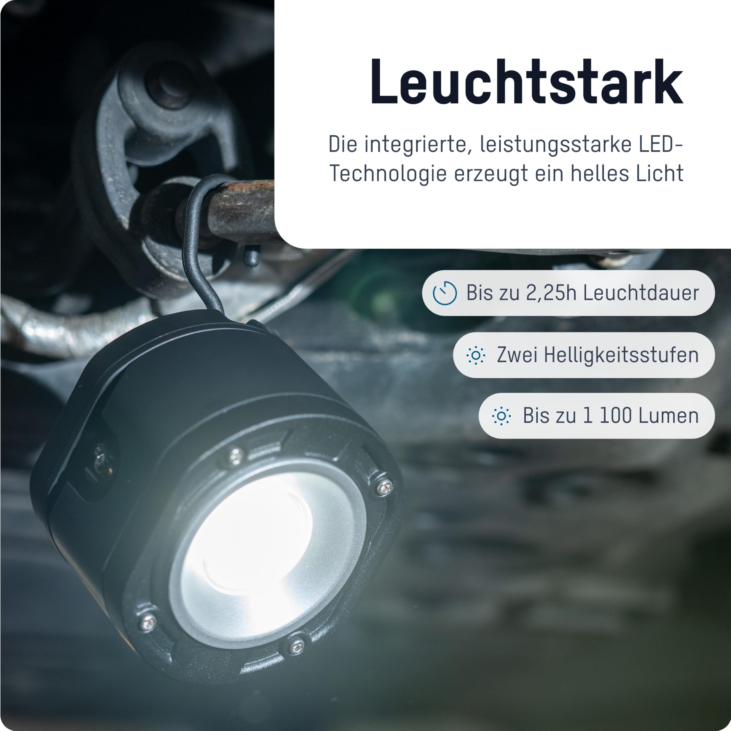 ANSMANN Faretto da lavoro professionale FL1100R con LED COB da 10 W, ricaricabile, giunto sferico girevole a 360°, lampada da lavoro con magneti e ganci per appendere, per artigianato, cantieri,