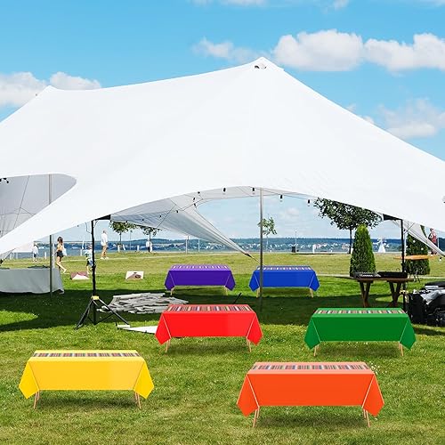 Miniatura 8 de Oudain Mantel de plástico para fiesta, 108 x 54 pulgadas, impermeable, a rayas mexicanas, para fiestas de tacos, fiestas mexicanas, bodas (colores