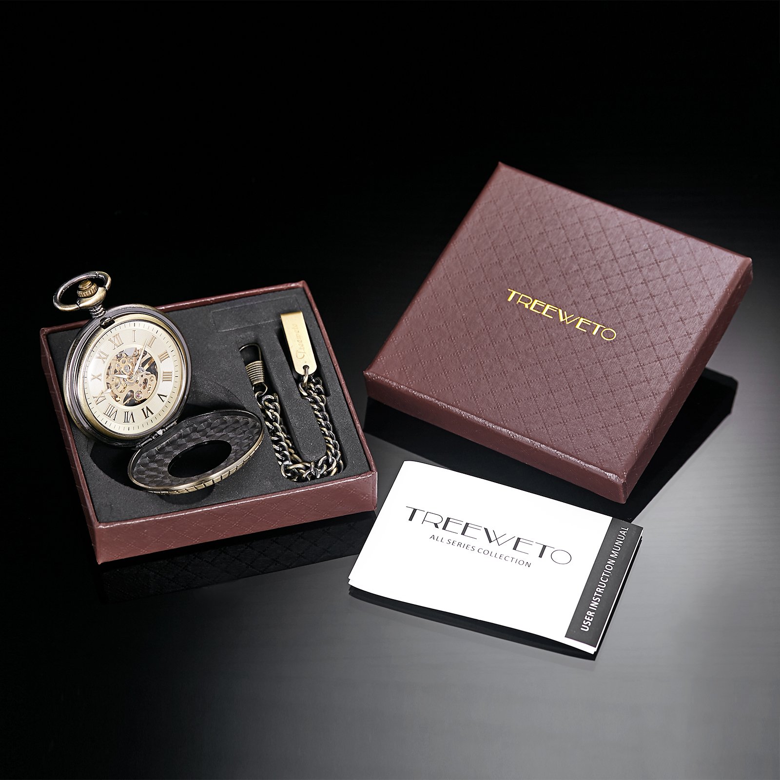 TREEWETO Reloj de bolsillo de madera unisex con cadena, analógico, cuerda manual, esqueleto con números romanos (Holz066), Bronce066, Clásico