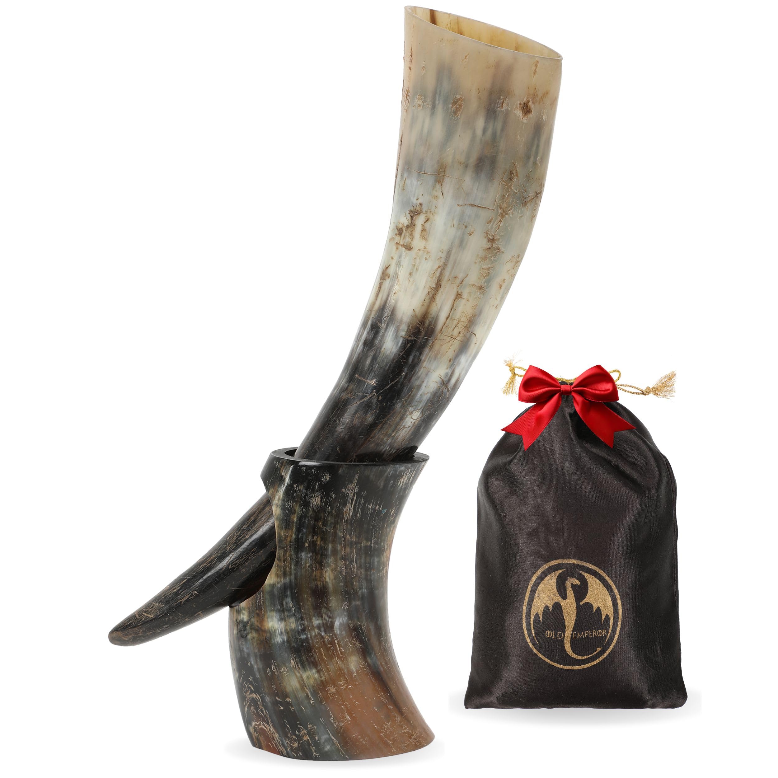 OLDEMPEROR Viking Drinking Horn - 12 Inch with Horn | Handmade Beer Cup | Food Grade | Unique Genuine Ox with Iron Stand | Natural Shine Finish | Chirstmas Viking Gift for Men & Women