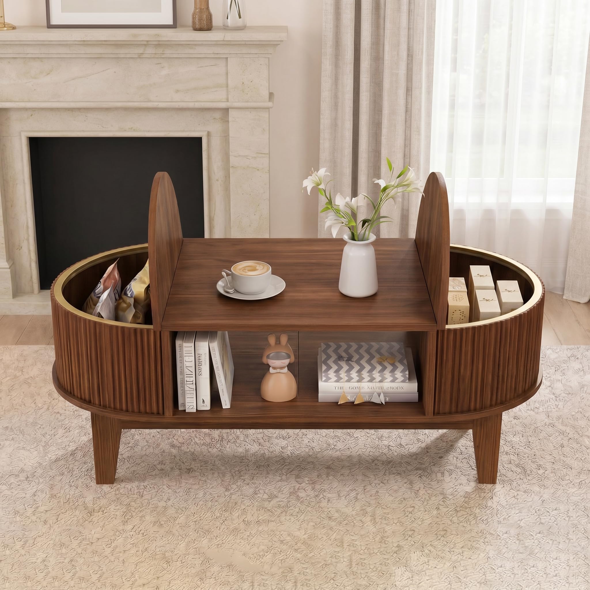 MEXUS Table Basse, Ovale Bois Table Basses, 2 Compartiment Rangement Caché Table Basses, Coffee Table Noyer, Applicable à Ranger Divers Objets, Servir D'espace Bureau Temporaire Décorer Salon