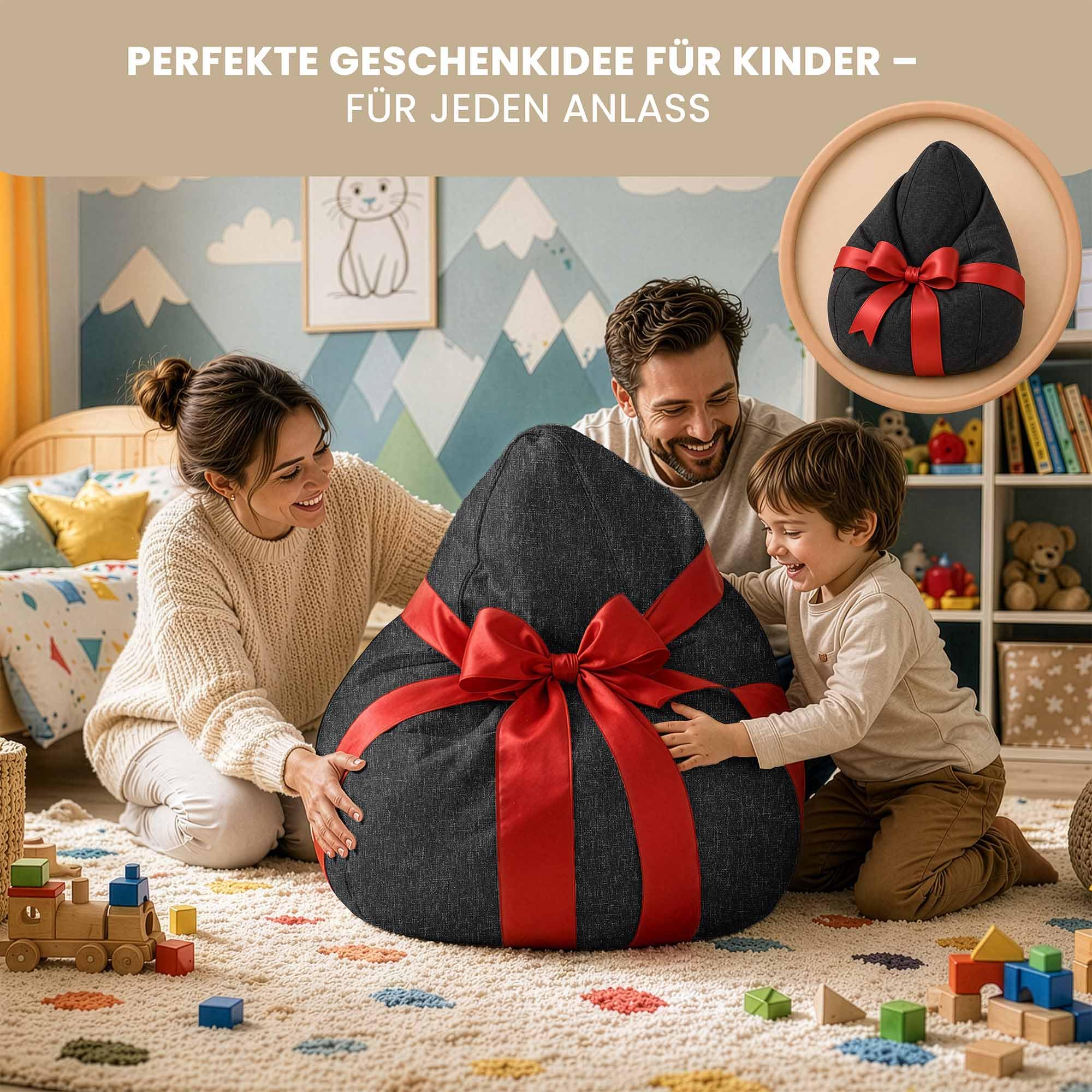 DreamRoots Sitzsack Outdoor Wetterfest - Bean Bag - Oxford 240 g/m² Leinenoptik - 8000 mm Wassersäule, UV-beständig - Mit Füllung & Hocker, rutschfest - Sitzsack für Kinder Schwarz