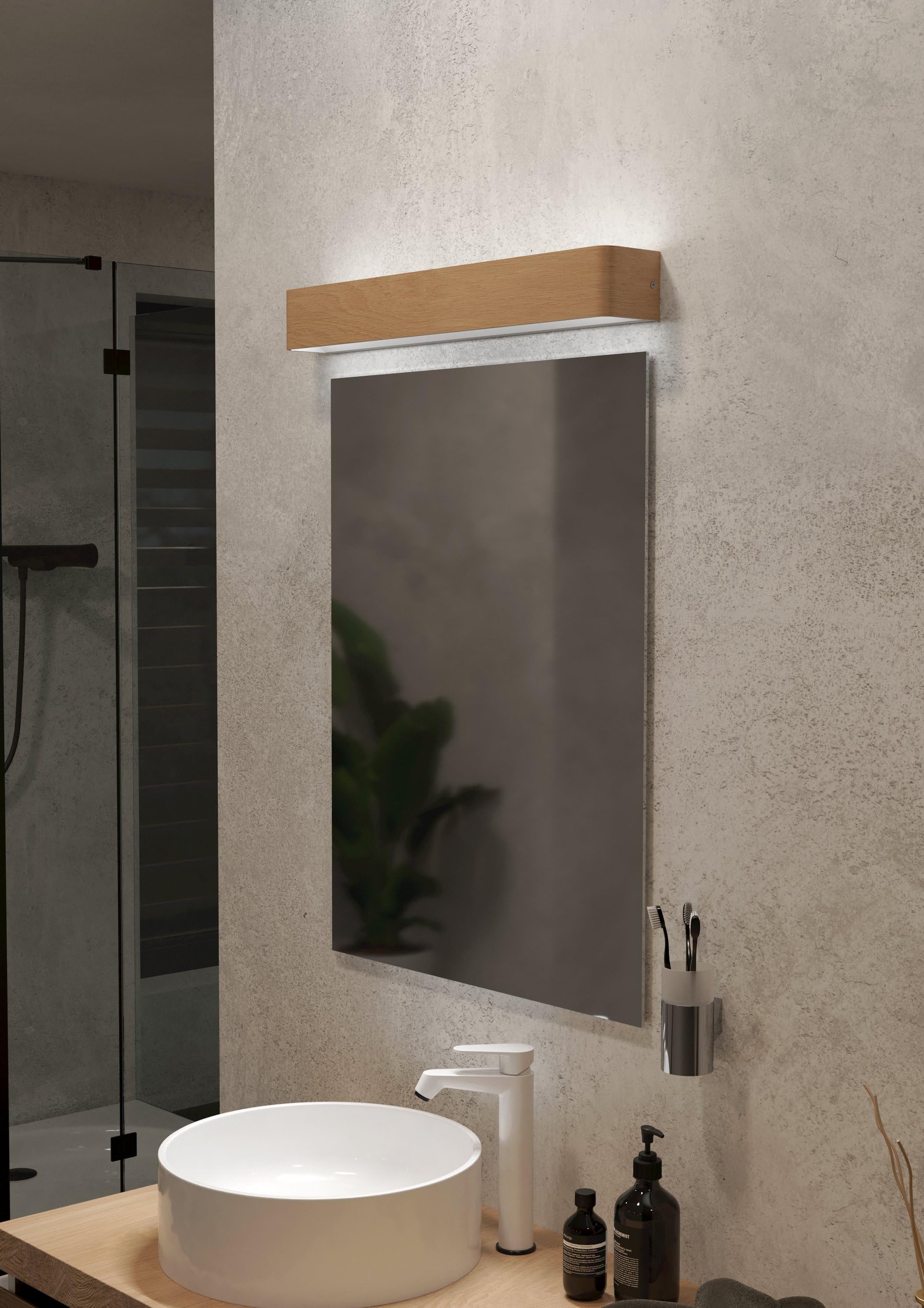 Eglo Sania 6 Lámpara de pared led, luz ascendente y descendente, lámpara | de metal con aspecto de madera clara, lámpara de espejo de baño, lámpara de cuarto de baño y pasillo, blanco cálido, IP44
