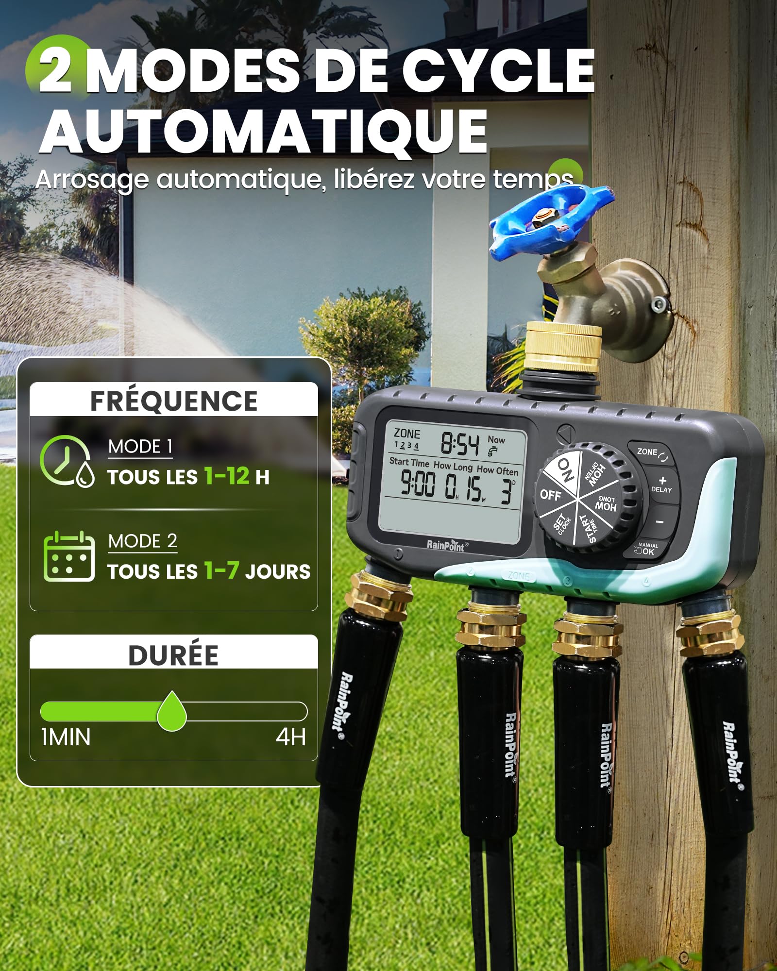 RAINPOINT Programmateur Arrosage 4 Voies, Entrée et Sortie en Laiton, Étanche IP65, Minuterie Arrosage Automatique avec Retard de Pluie/Irrigation Manuelle, pour Serre, Pelouse et Jardin