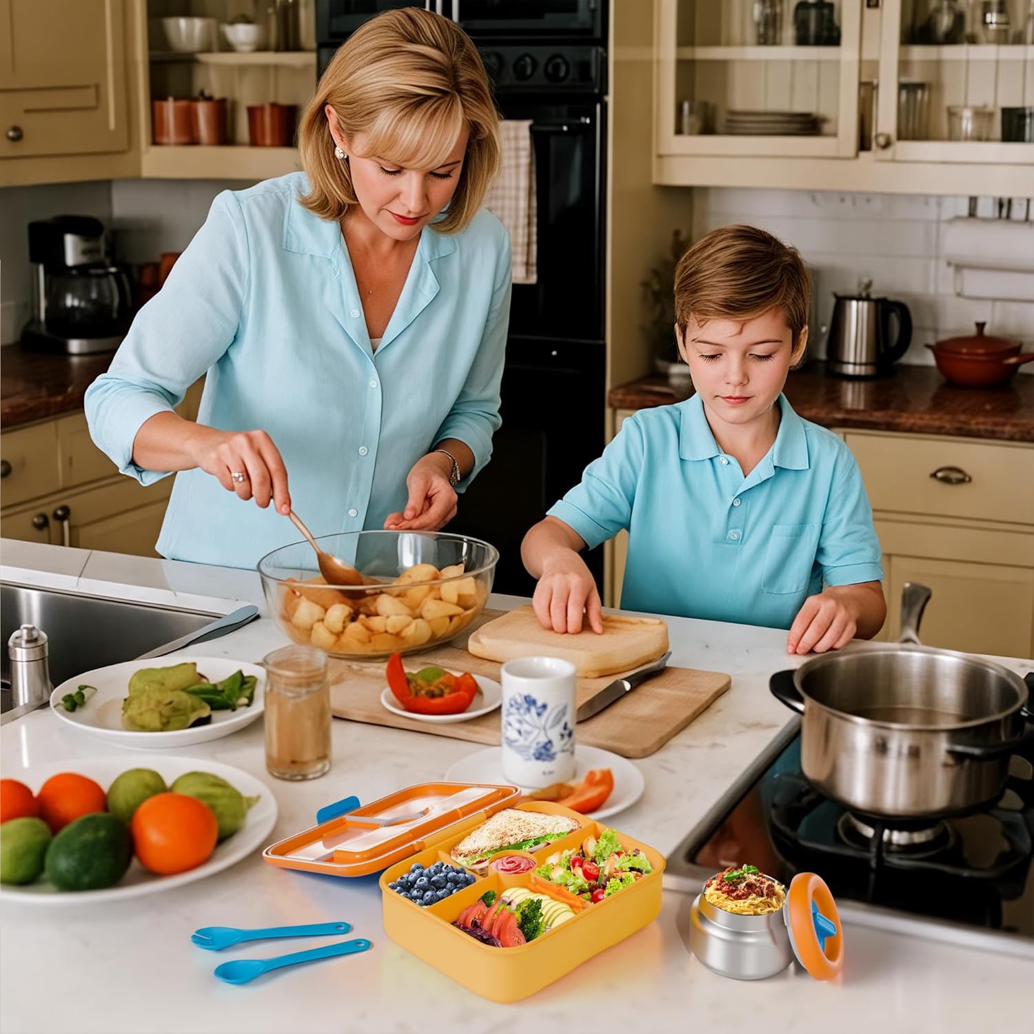 Kids Bento Lunch Box with Thermo: 8oz Insulated with Leak Proof Vacuum - 4 Compartment Hot Food Jar Insulated Lunch Bag - Two Temperature Zones - for Toddler Girls Boys School Trvael (Blue)