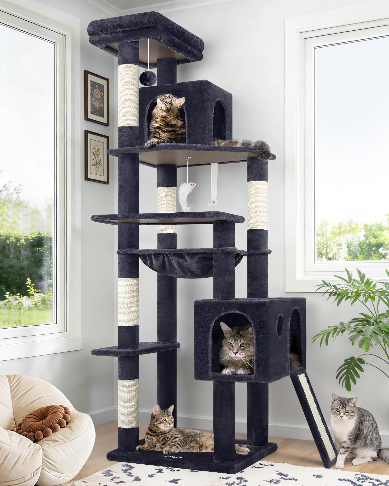 Globlazer Heavy Duty Cat Tree, 70 inch Sturdy Cat Tree for Indoor Cats Extra Large Cat Tower with Scratching Post, Hammock, Cat Condo for Adult Cats Kittens, F70 Pro, Dark Grey