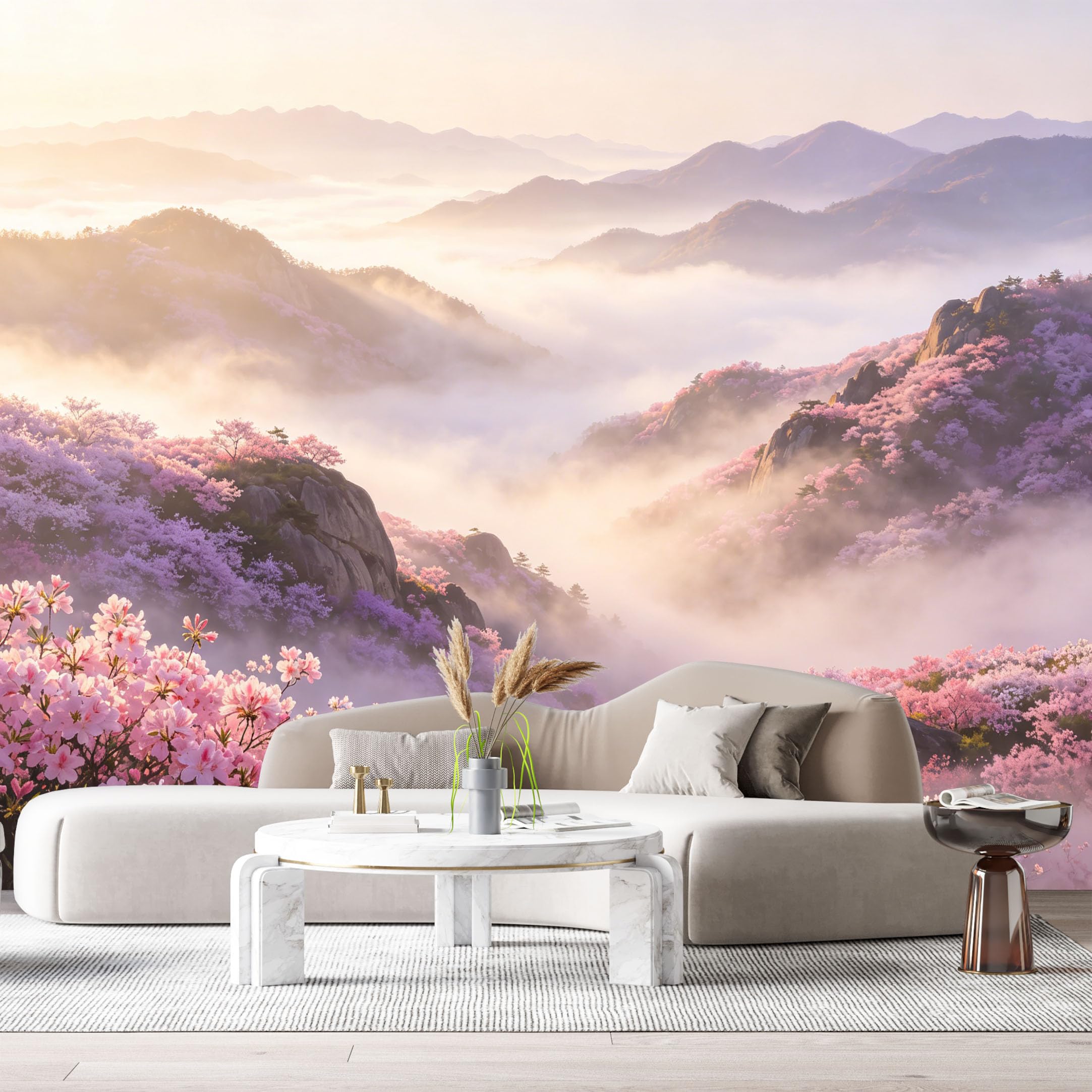Custom Size Wall Murals Misty Mountain Landscape Botanical Cherry Blossom Oil Painting SelfAdhesive Wall Fabric Removable Large Wallpaper for Photo Living Room