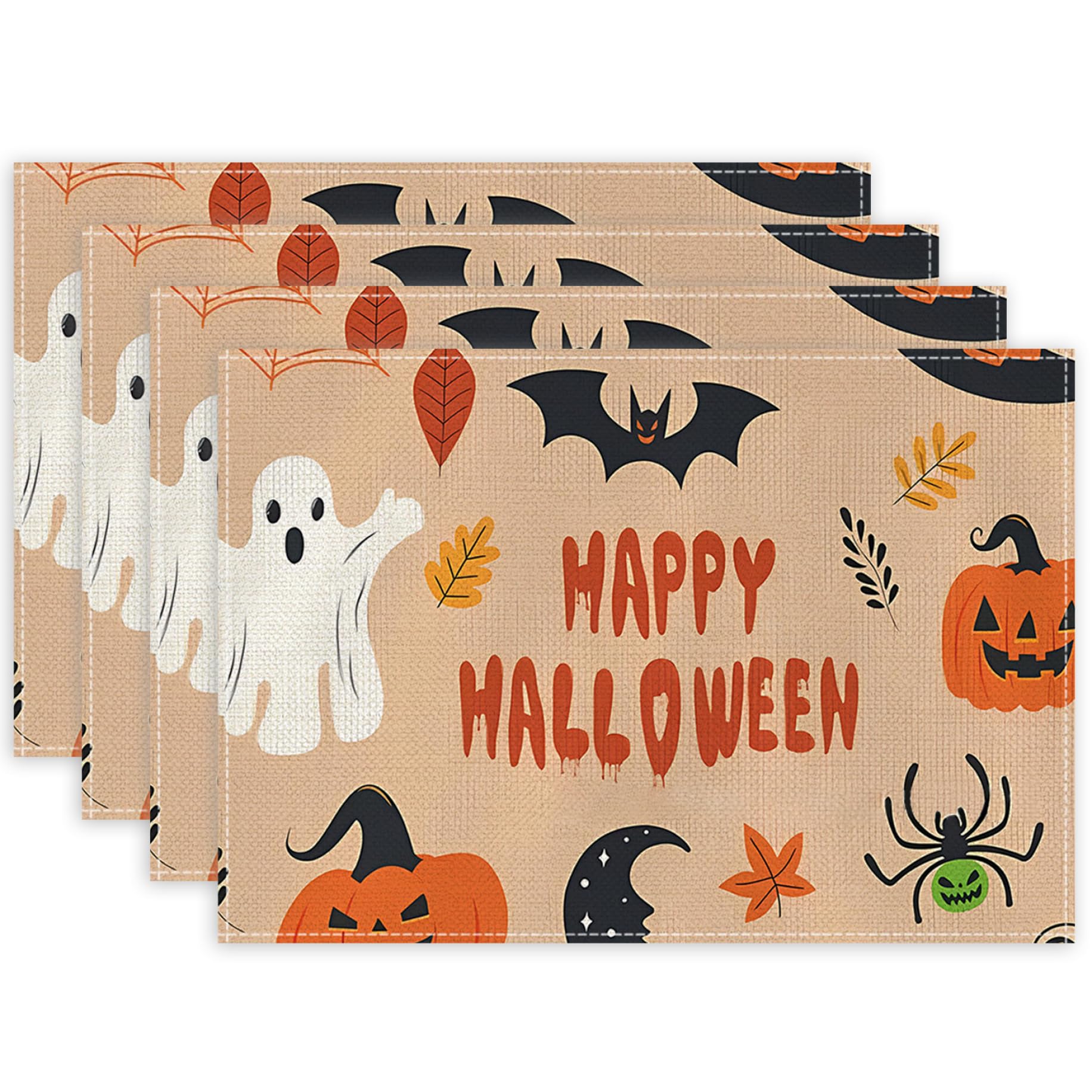 Goutdori Set of 4 Halloween Placemats 12x18in, Ghost Bat Pumpkin Spider Pattern Heat Resistant Non Slip for Holiday Party Kitchen