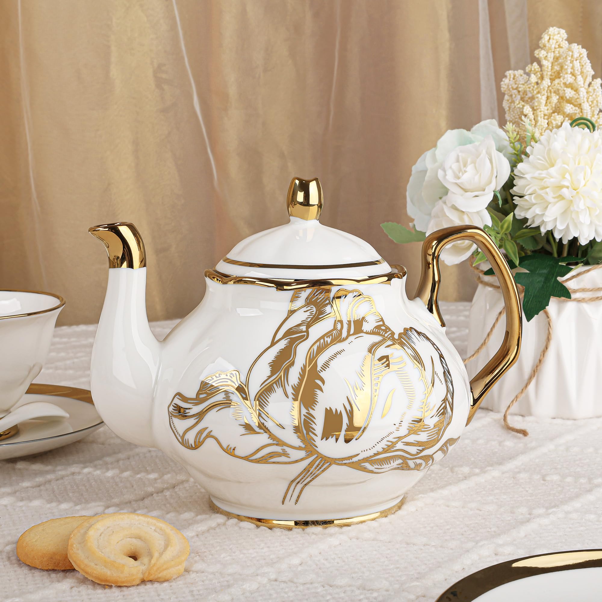 fanquare 21-częściowy zestaw do herbaty z brytyjskiej porcelany kostnej, zestawy do kawy Gold Tulip na przekąskę, 6 filiżanek do herbaty i spodków do kawy w domu, na ślub, urodziny