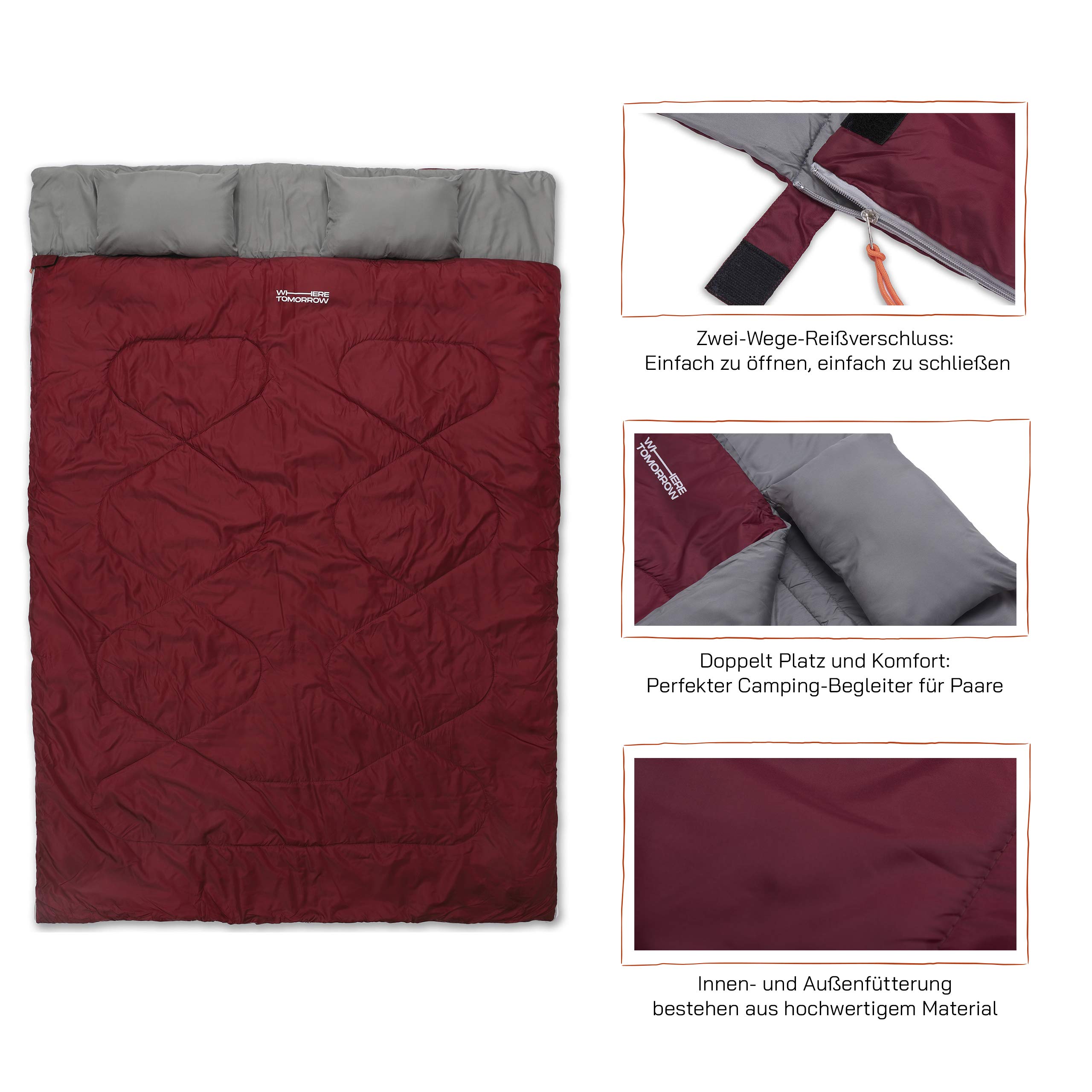 Where Tomorrow Doppelschlafsack 190 x 150 cm 2-Personen Schlafsack wasserabweisend atmungsaktiv 300 g/m² Camping Outdoor