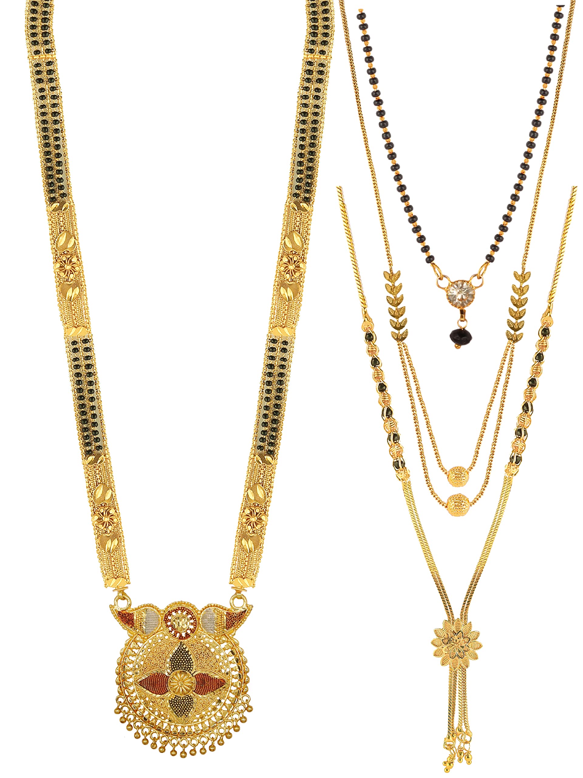 Gold Plated 30 inch and 18 inch Combo of 4 Mangalsutra tanmaniya Gold Plated necklace pendant nallapusalu/Black Beads For Women and Girls