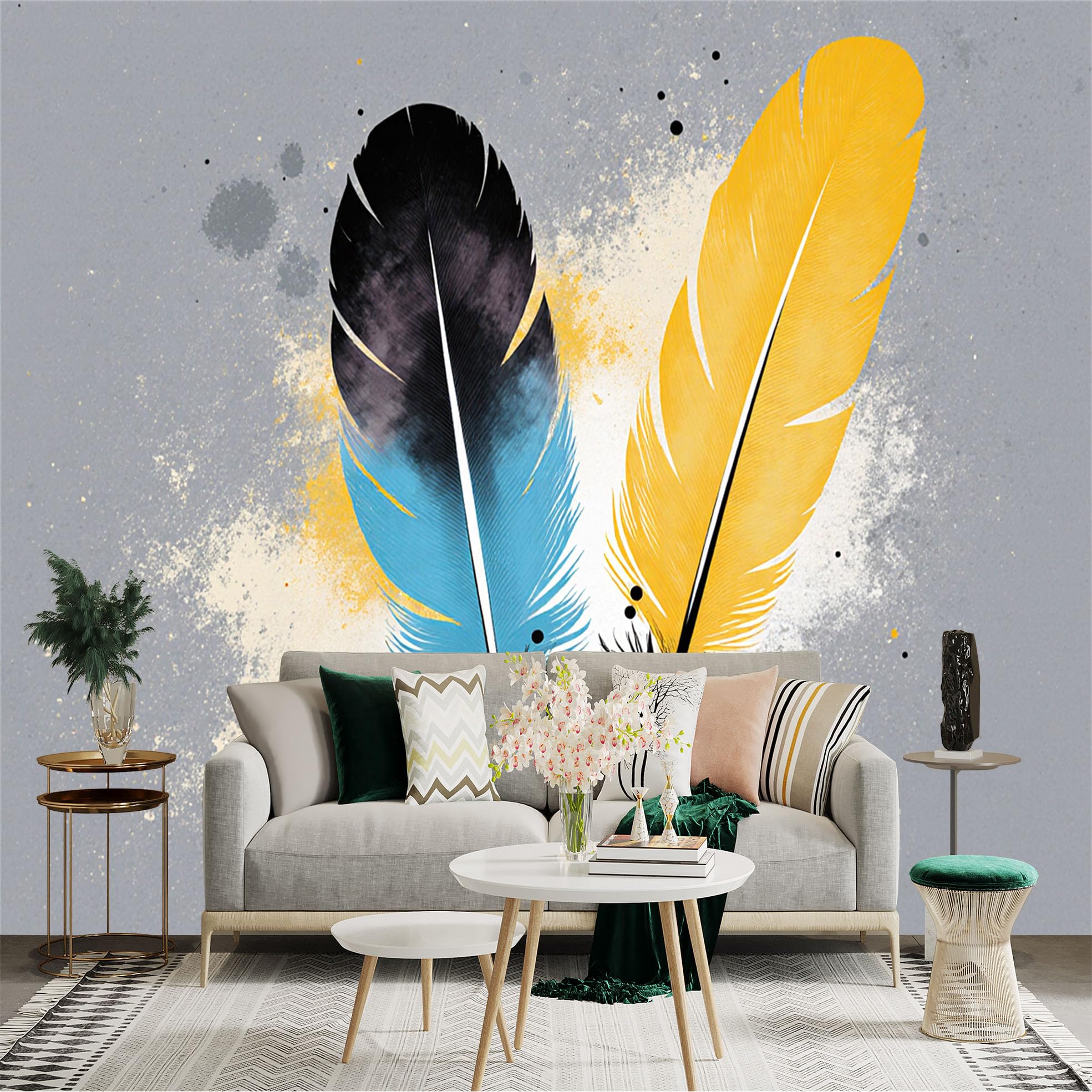 Custom Size Wall Sticker Mural， Blue and Yellow Feathers， Artistic Paint Splatter Style， Modern Abstract Home Decor， for wall Decoration， peelandstick wall Decals.