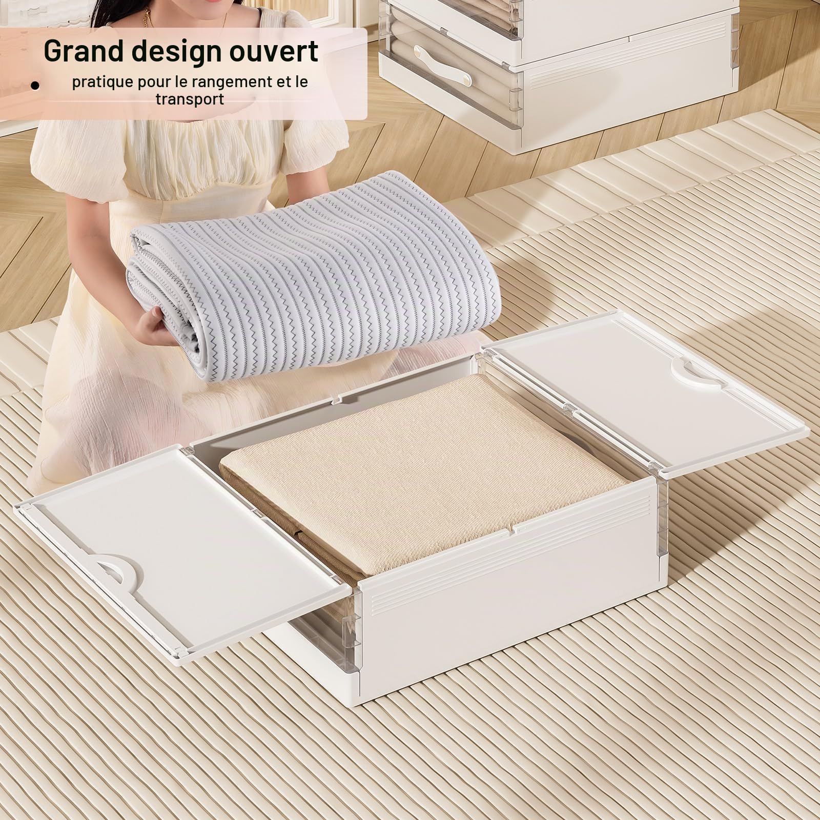 GUDEMAY Lot de 4 Boite Rangement Sous Lit | Rangement Drap Lit Pliable Plastique avec Poignée | Organisateur Armoire Chambre idéal pour Ranger Vêtements, Draps, Couvertures, Couvre-Lits | Blanc